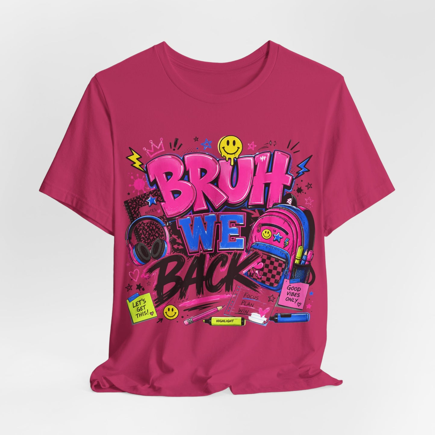 Bruh We Back T-Shirt — Retro School Backpack & Headphones Graphic Tee