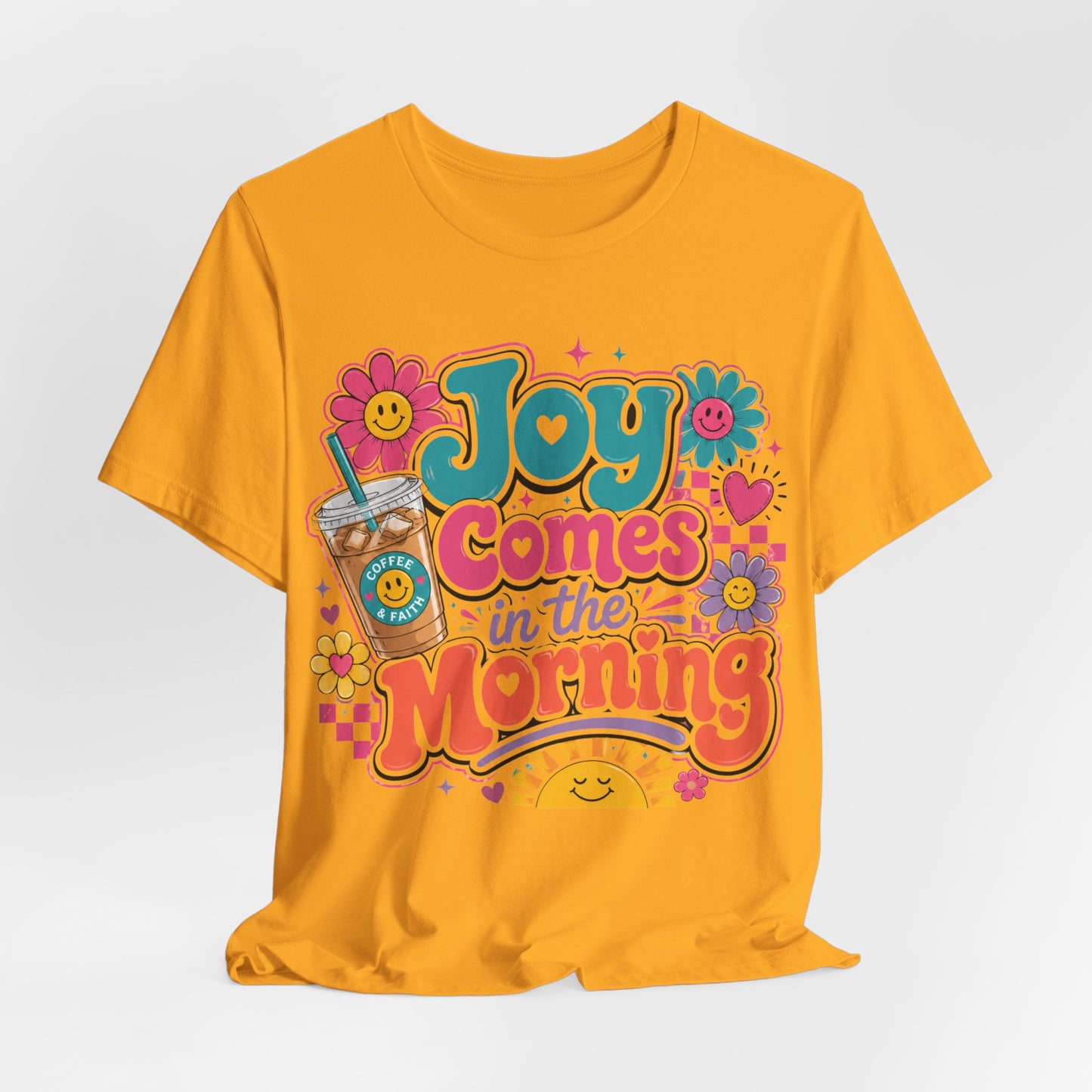 Joy Comes in the Morning Tee — Retro Floral Sunrise Coffee T‑Shirt