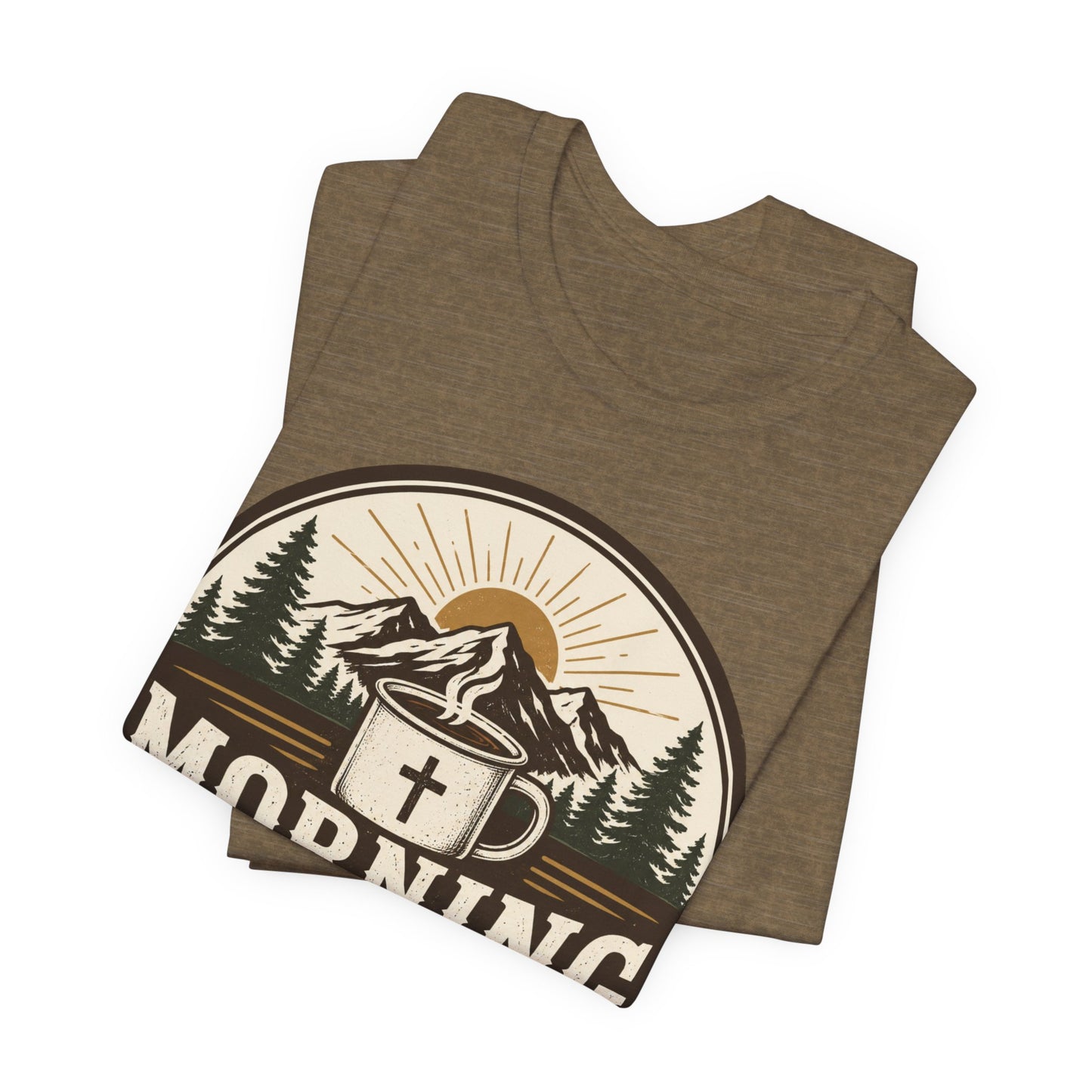 Morning Mercies Coffee Tee — Christian Coffee Shirt with Mountain & Cross Design