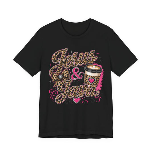 Jesus & Java Leopard Coffee Tee — Faith-Inspired Graphic T-Shirt