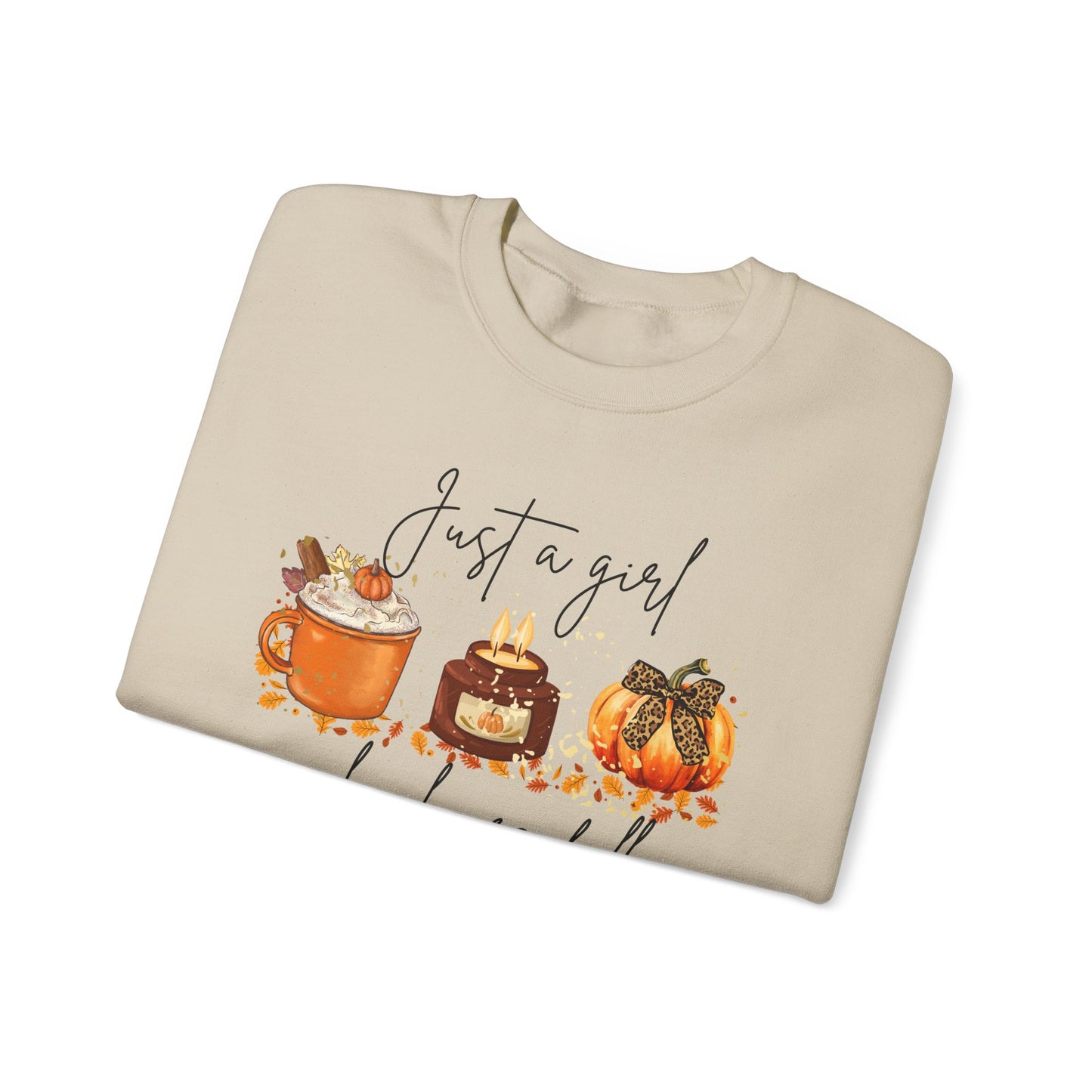 Fall Crewneck Sweatshirt — "Just a Girl Who Loves Fall" Pumpkin & Cozy Drinks Design