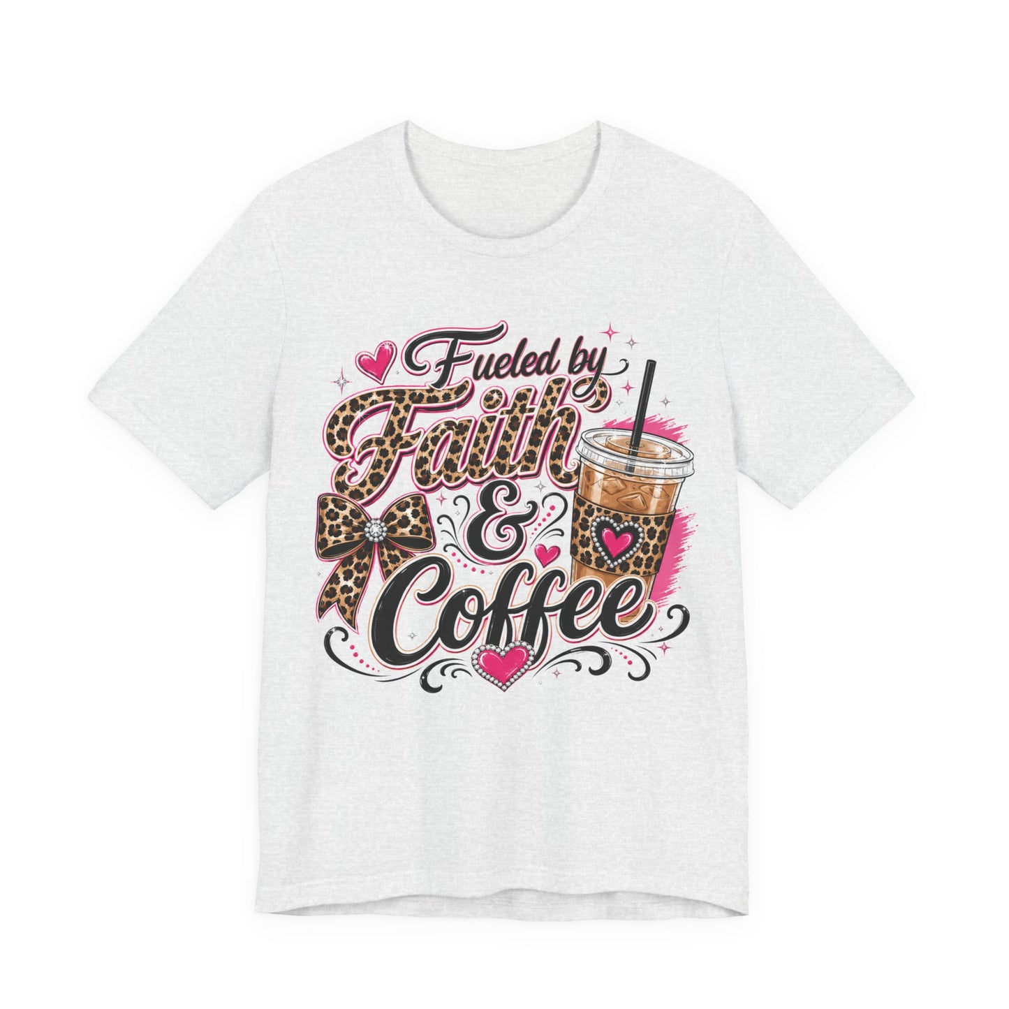 Faith & Coffee Graphic Tee — "Fueled by Faith & Coffee" Leopard Bow Design