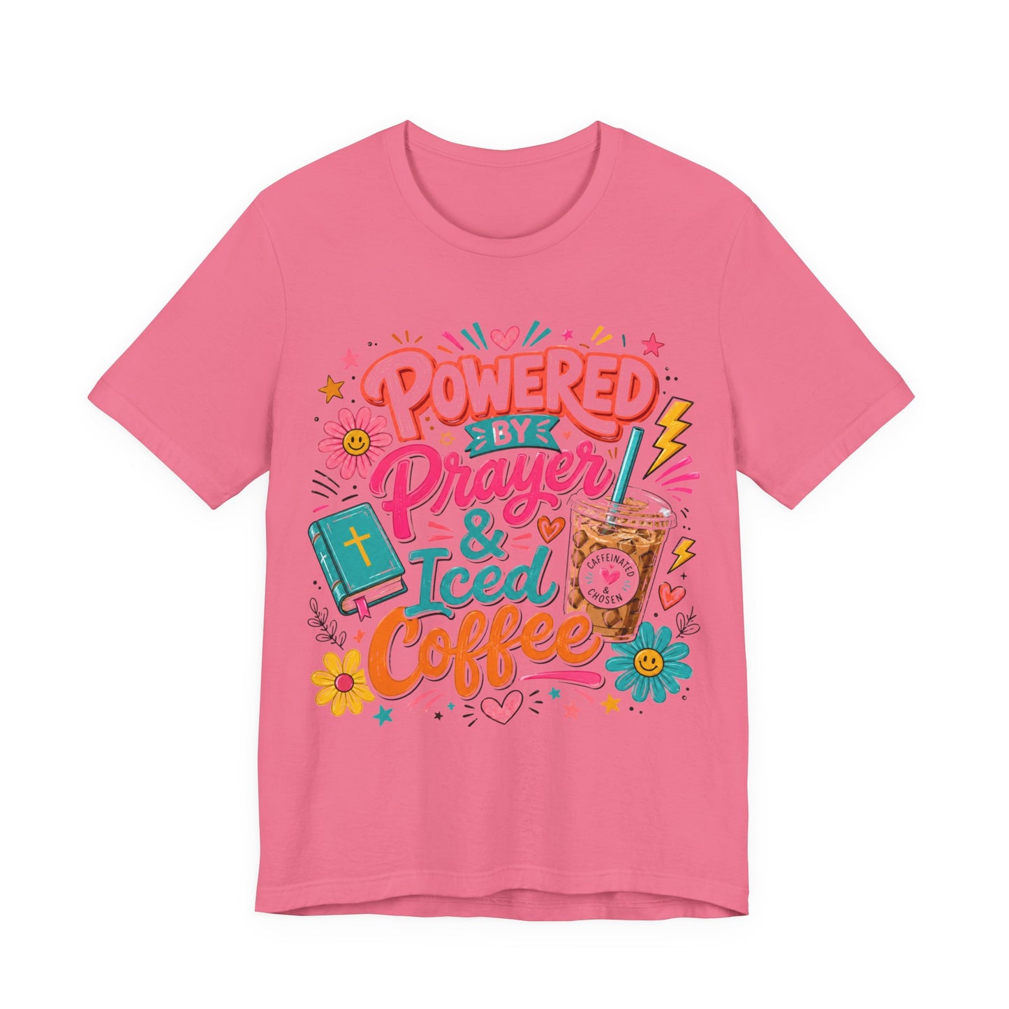 Prayer & Iced Coffee T-Shirt — "Powered by Prayer & Iced Coffee" Christian Tee