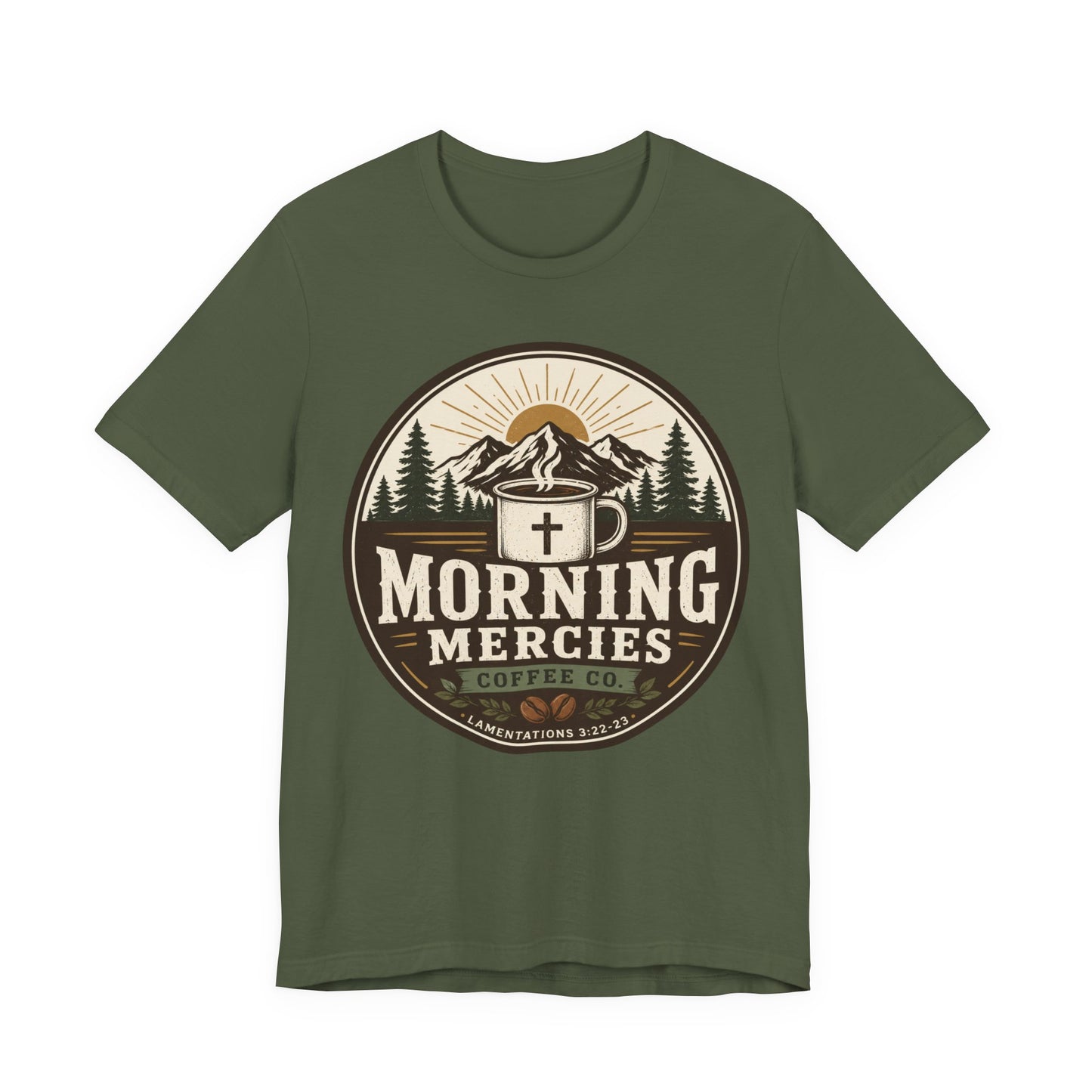 Morning Mercies Coffee Tee — Christian Coffee Shirt with Mountain & Cross Design