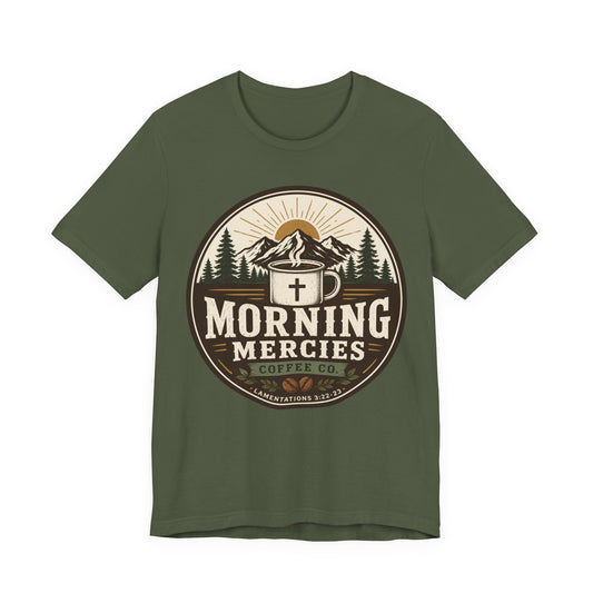 Morning Mercies Coffee Tee — Christian Coffee Shirt with Mountain & Cross Design