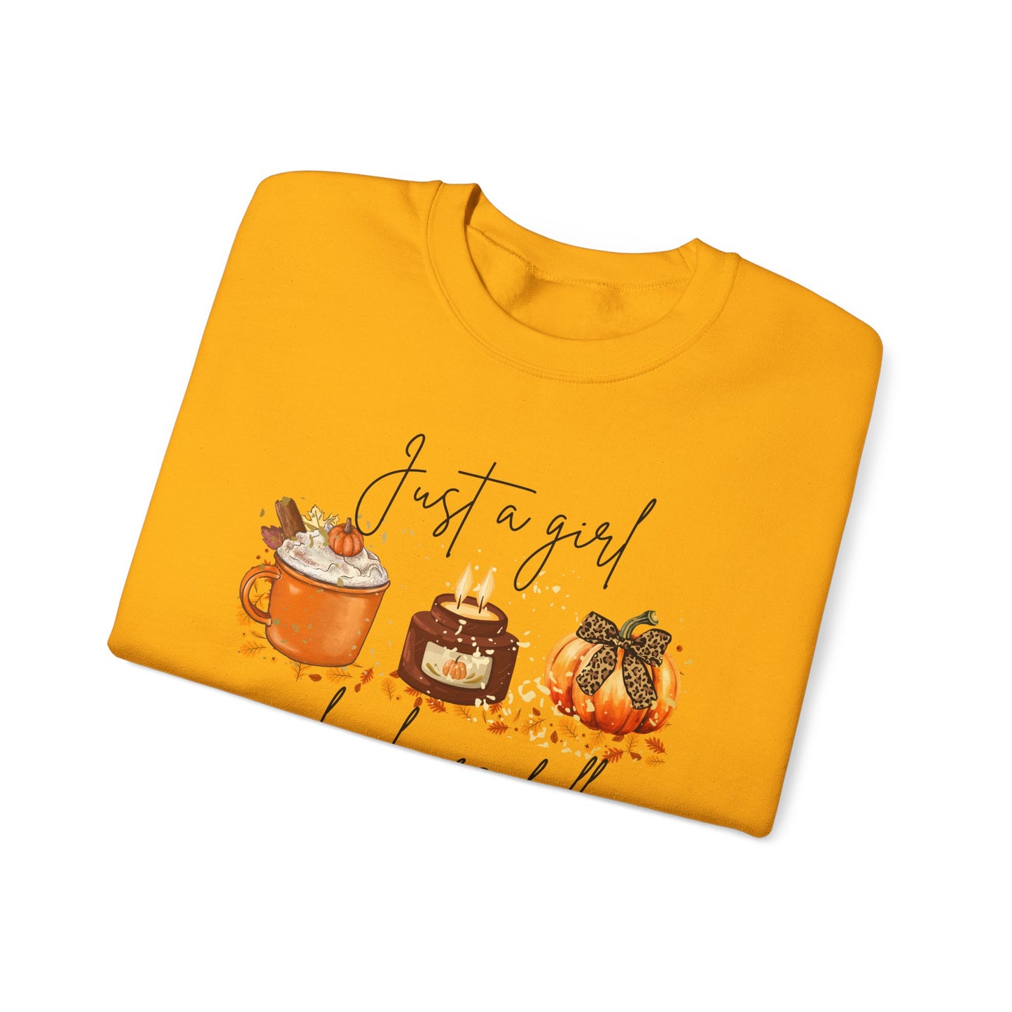 Fall Crewneck Sweatshirt — "Just a Girl Who Loves Fall" Pumpkin & Cozy Drinks Design