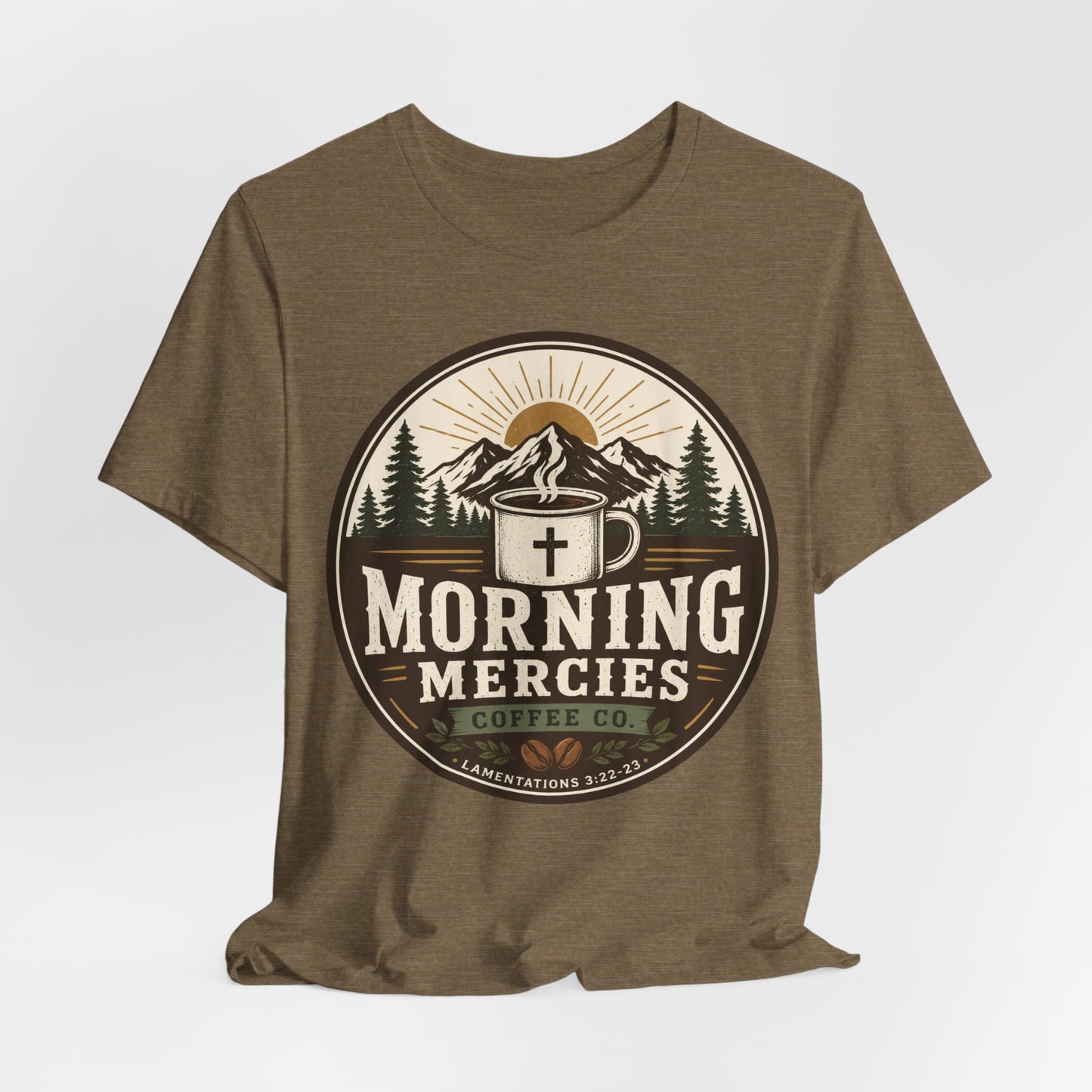 Morning Mercies Coffee Tee — Christian Coffee Shirt with Mountain & Cross Design