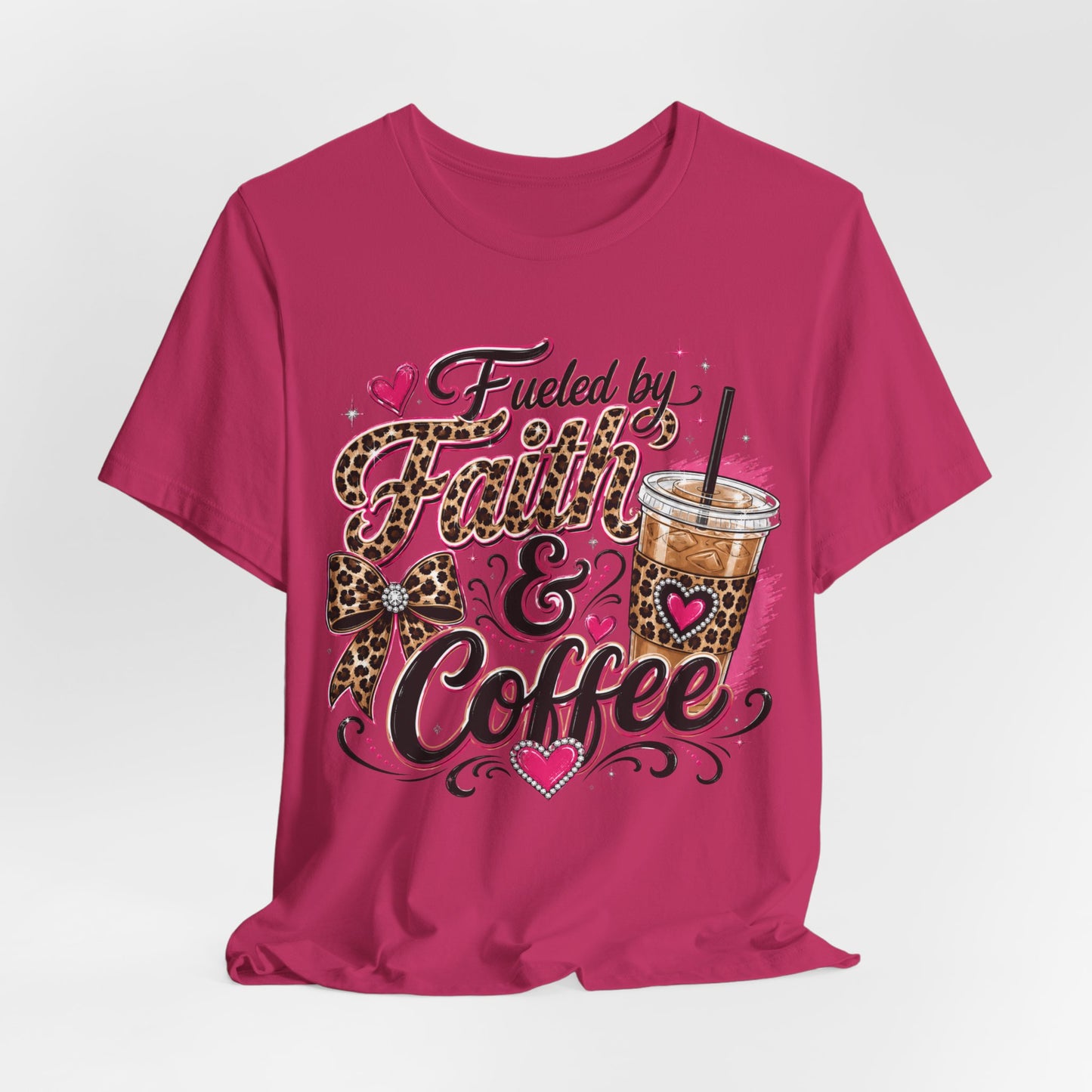 Faith & Coffee Graphic Tee — "Fueled by Faith & Coffee" Leopard Bow Design