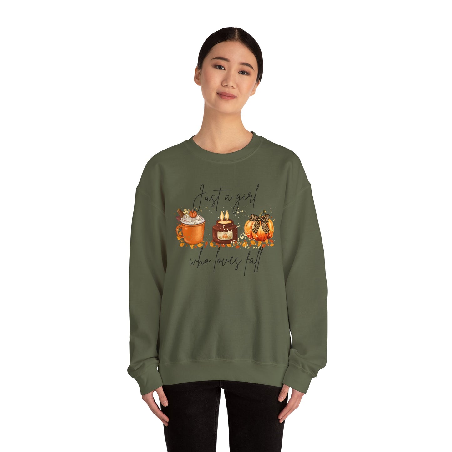 Fall Crewneck Sweatshirt — "Just a Girl Who Loves Fall" Pumpkin & Cozy Drinks Design