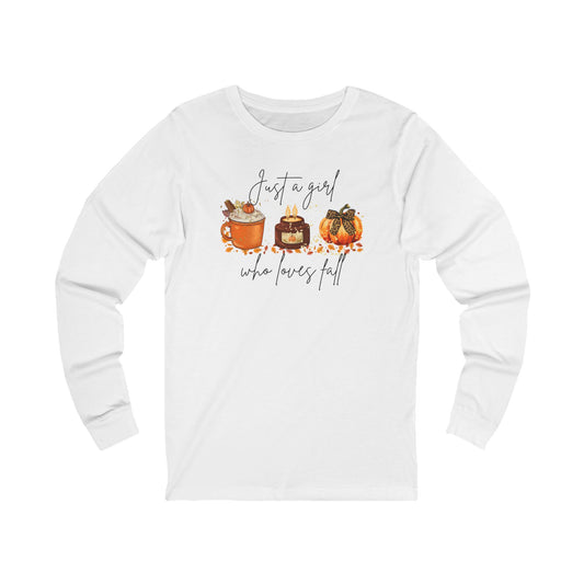 Fall Coffee & Pumpkin Long Sleeve Tee - "Just a Girl Who Loves Fall"