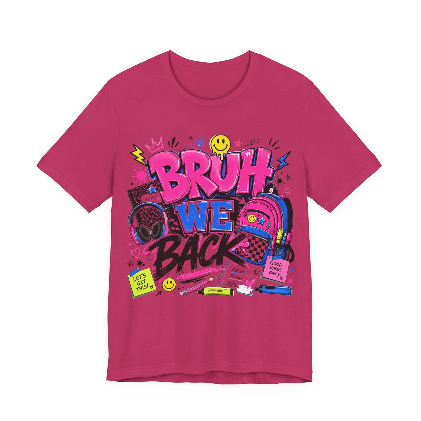 Bruh We Back T-Shirt — Retro School Backpack & Headphones Graphic Tee