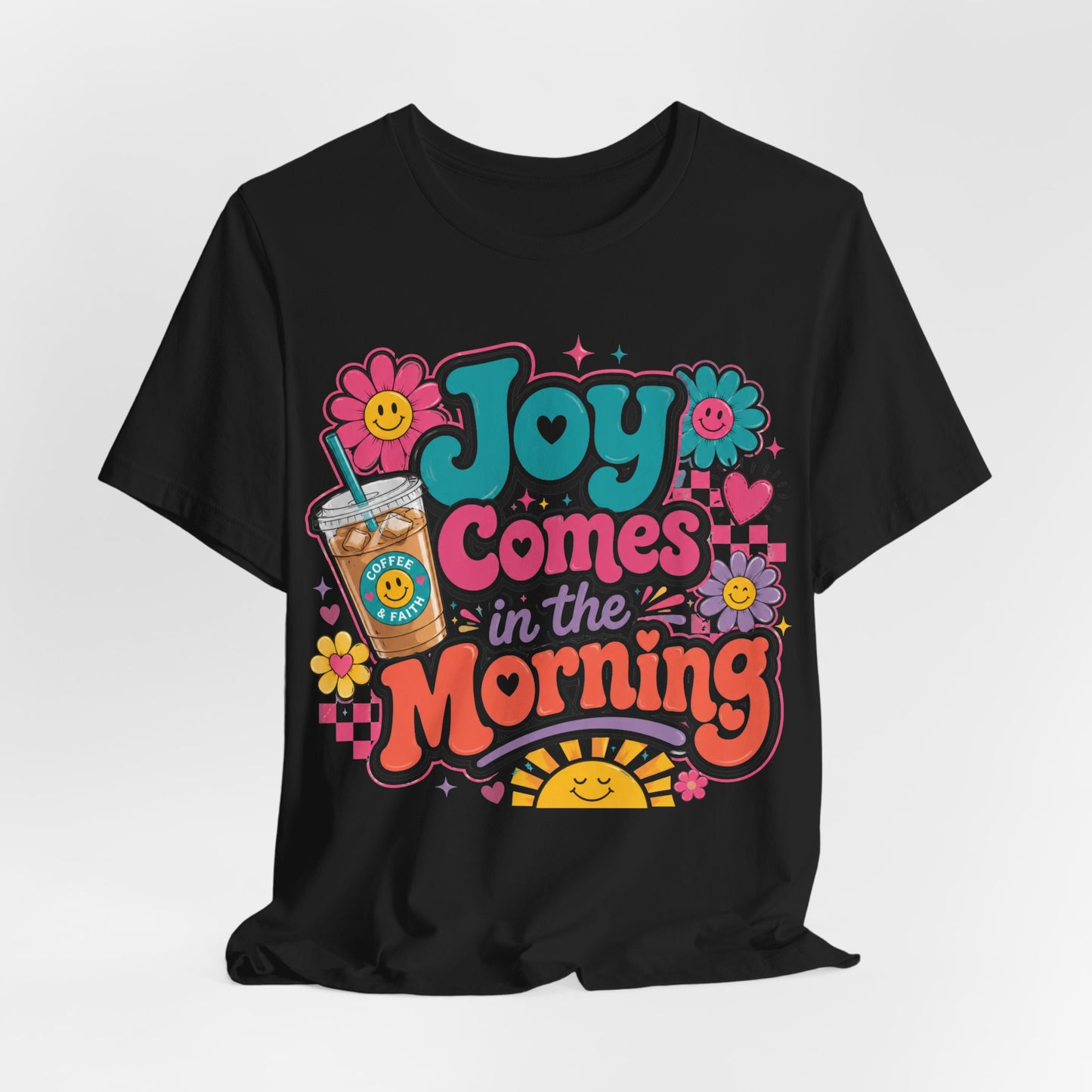 Joy Comes in the Morning Tee — Retro Floral Sunrise Coffee T‑Shirt