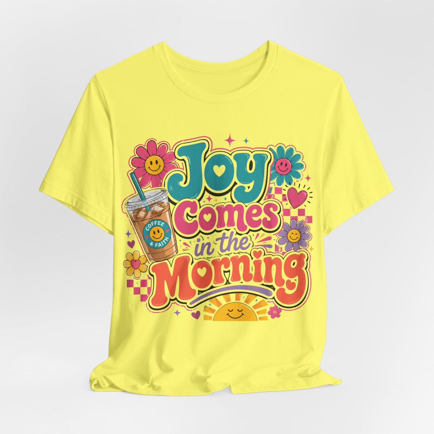 Joy Comes in the Morning Tee — Retro Floral Sunrise Coffee T‑Shirt