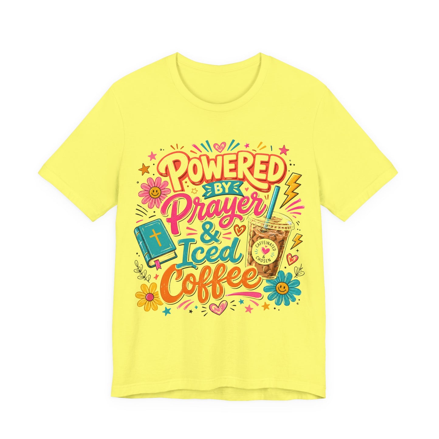 Prayer & Iced Coffee T-Shirt — "Powered by Prayer & Iced Coffee" Christian Tee