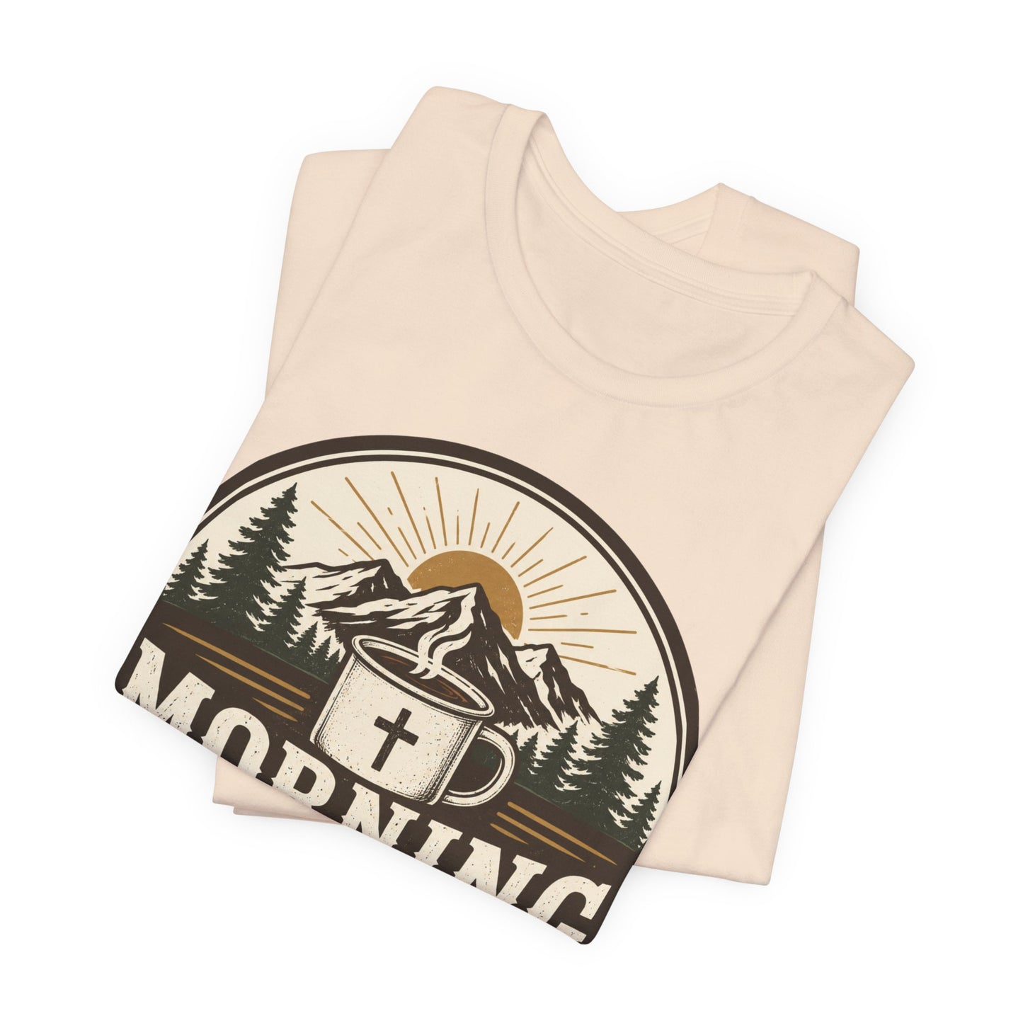 Morning Mercies Coffee Tee — Christian Coffee Shirt with Mountain & Cross Design