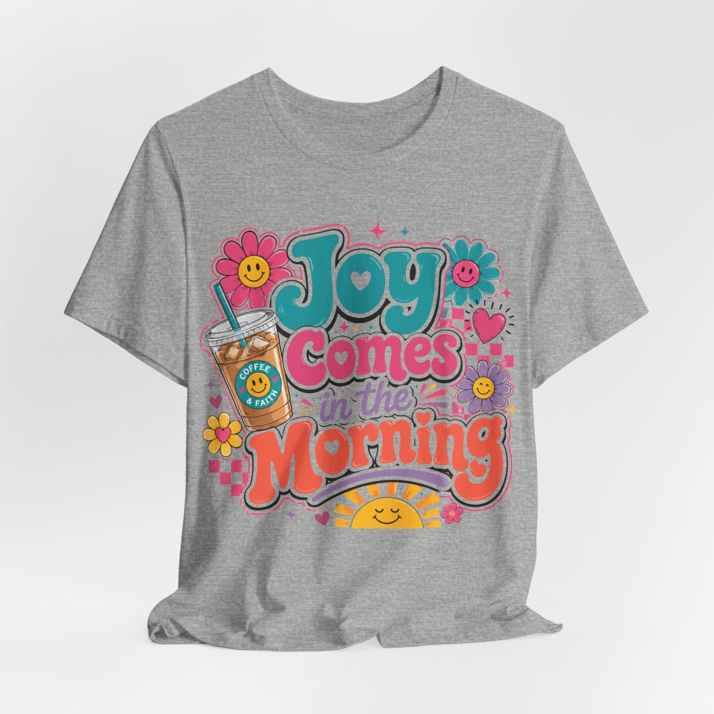 Joy Comes in the Morning Tee — Retro Floral Sunrise Coffee T‑Shirt