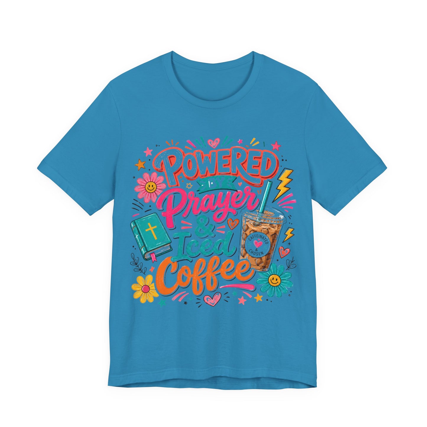 Prayer & Iced Coffee T-Shirt — "Powered by Prayer & Iced Coffee" Christian Tee