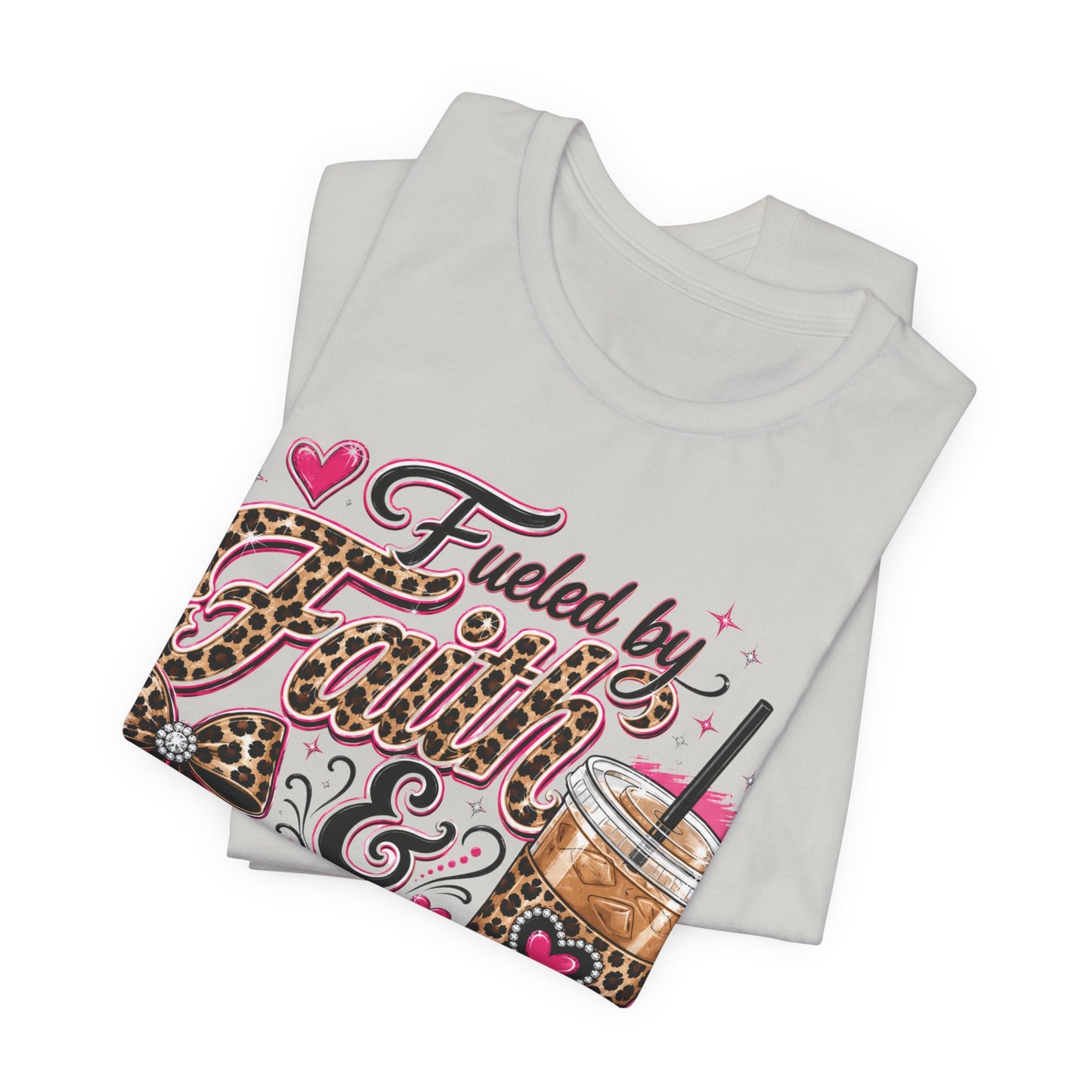 Faith & Coffee Graphic Tee — "Fueled by Faith & Coffee" Leopard Bow Design