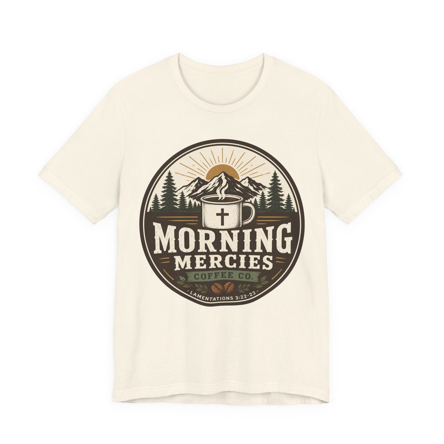 Morning Mercies Coffee Tee — Christian Coffee Shirt with Mountain & Cross Design