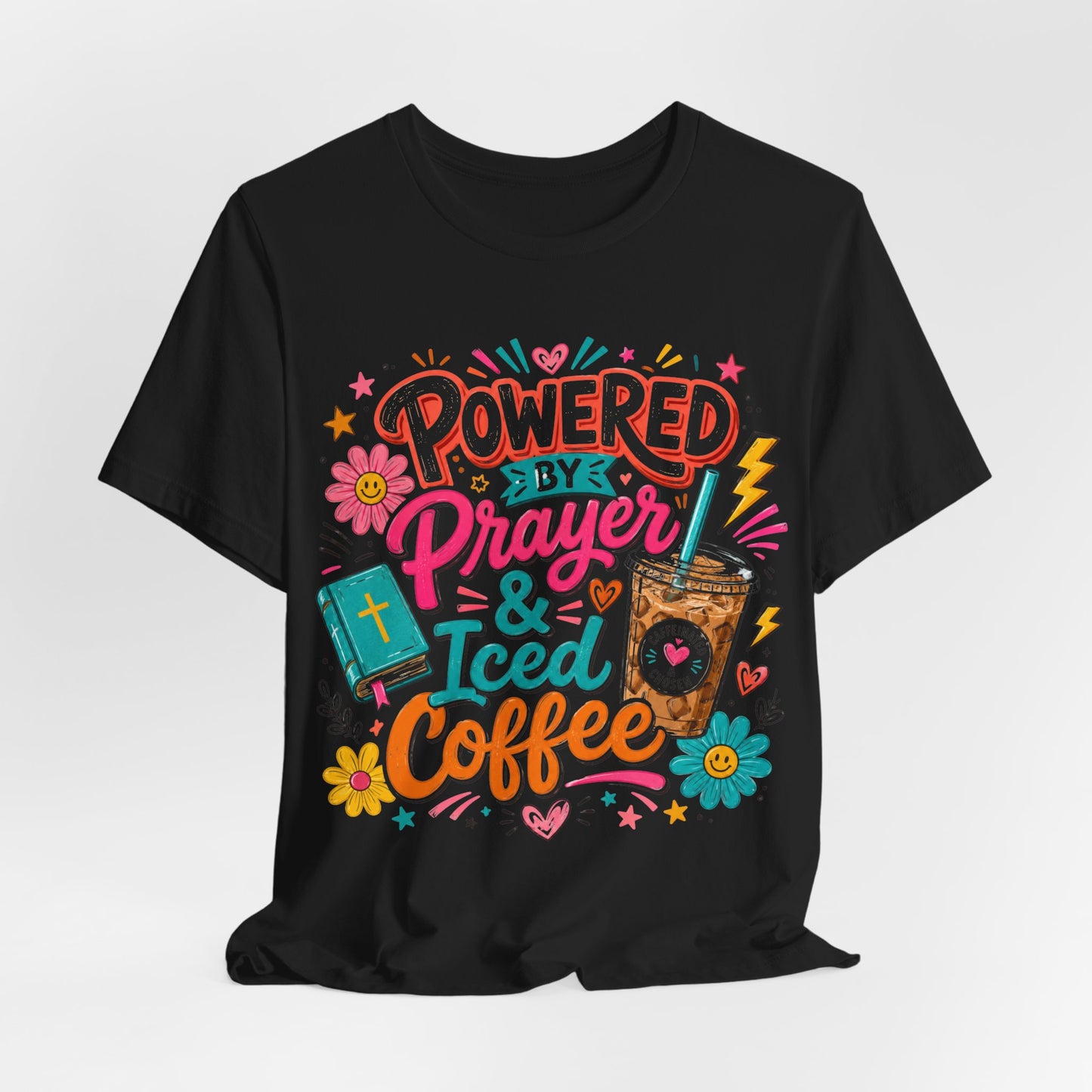 Prayer & Iced Coffee T-Shirt — "Powered by Prayer & Iced Coffee" Christian Tee