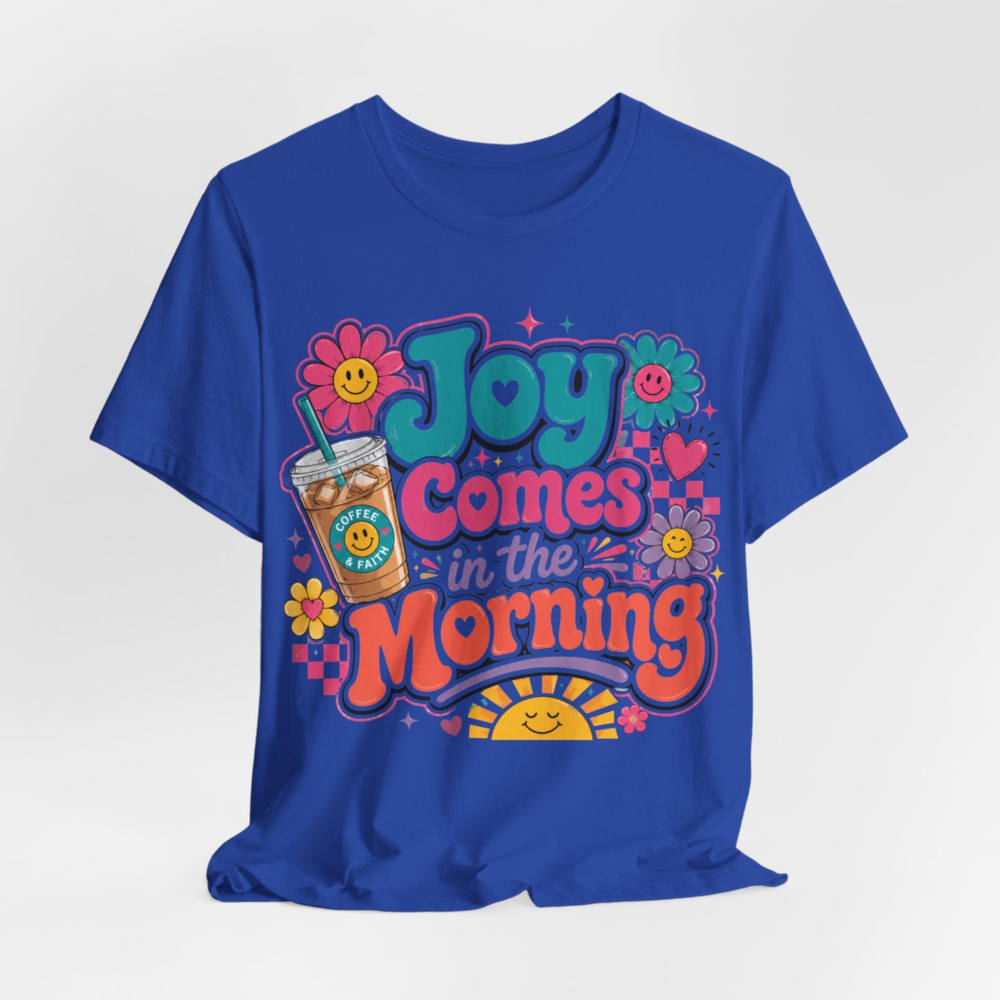 Joy Comes in the Morning Tee — Retro Floral Sunrise Coffee T‑Shirt