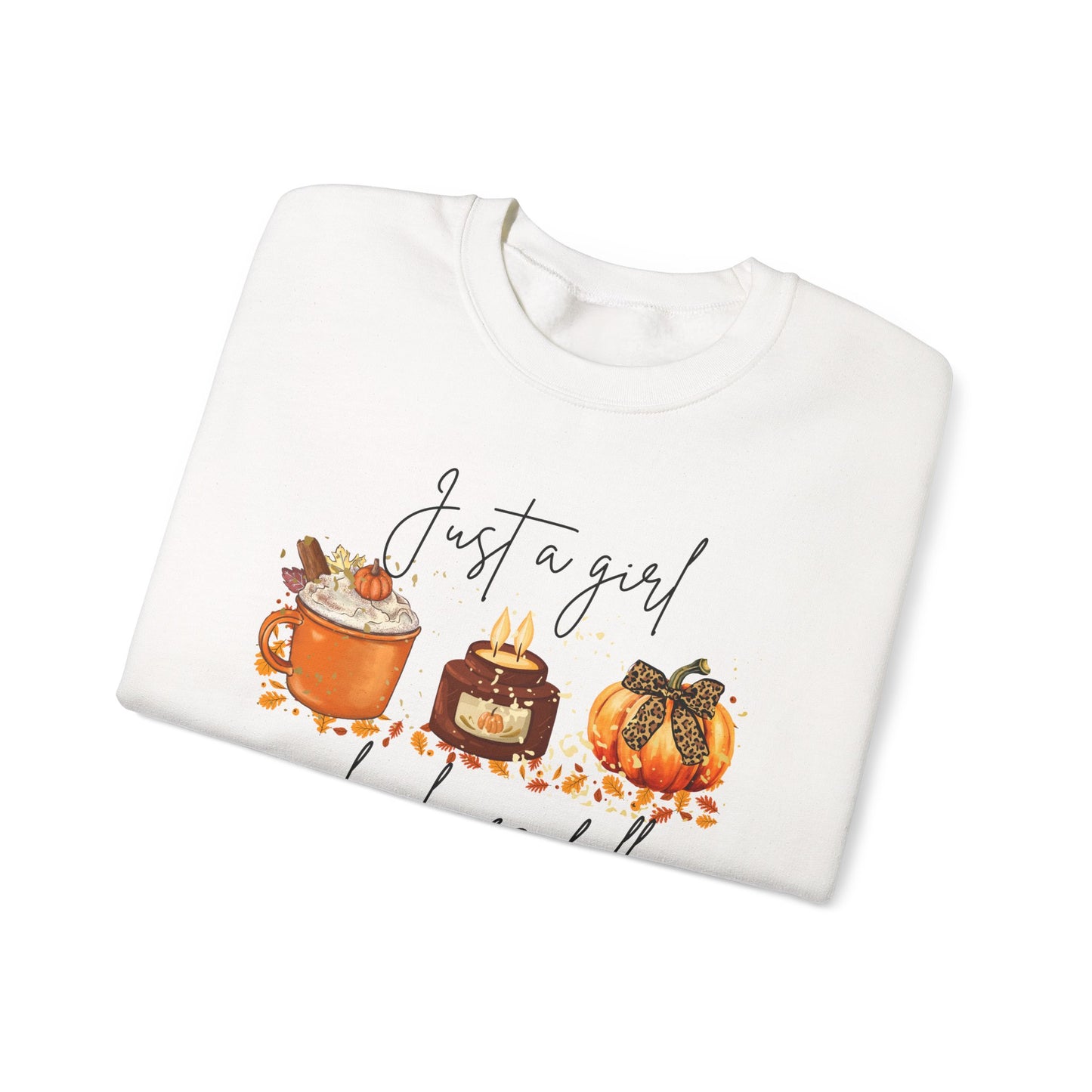 Fall Crewneck Sweatshirt — "Just a Girl Who Loves Fall" Pumpkin & Cozy Drinks Design