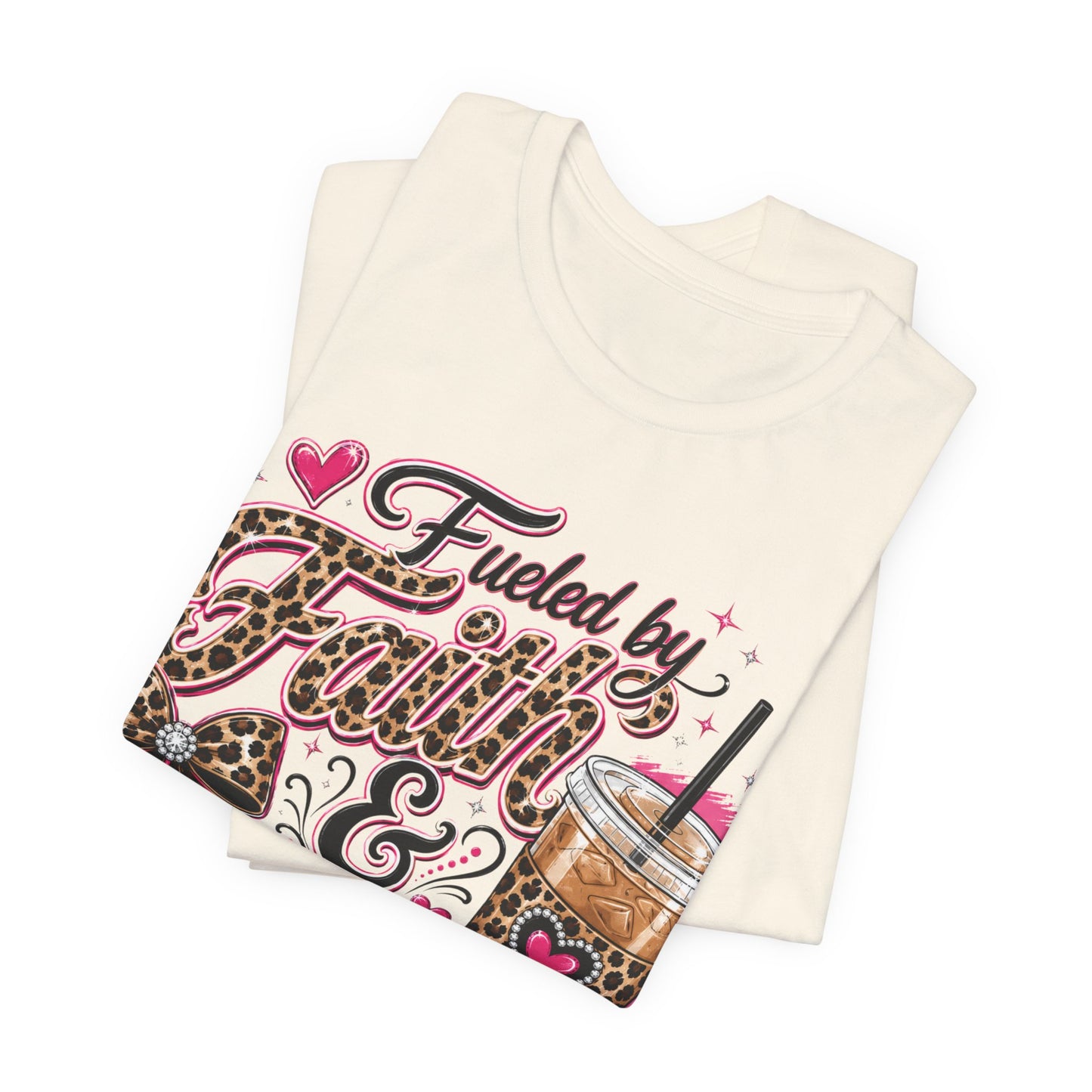 Faith & Coffee Graphic Tee — "Fueled by Faith & Coffee" Leopard Bow Design