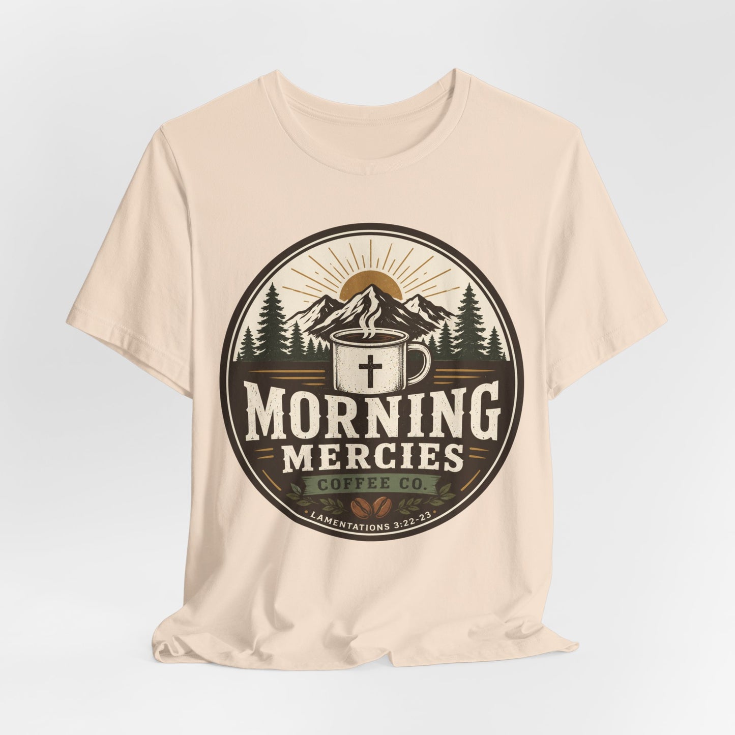 Morning Mercies Coffee Tee — Christian Coffee Shirt with Mountain & Cross Design