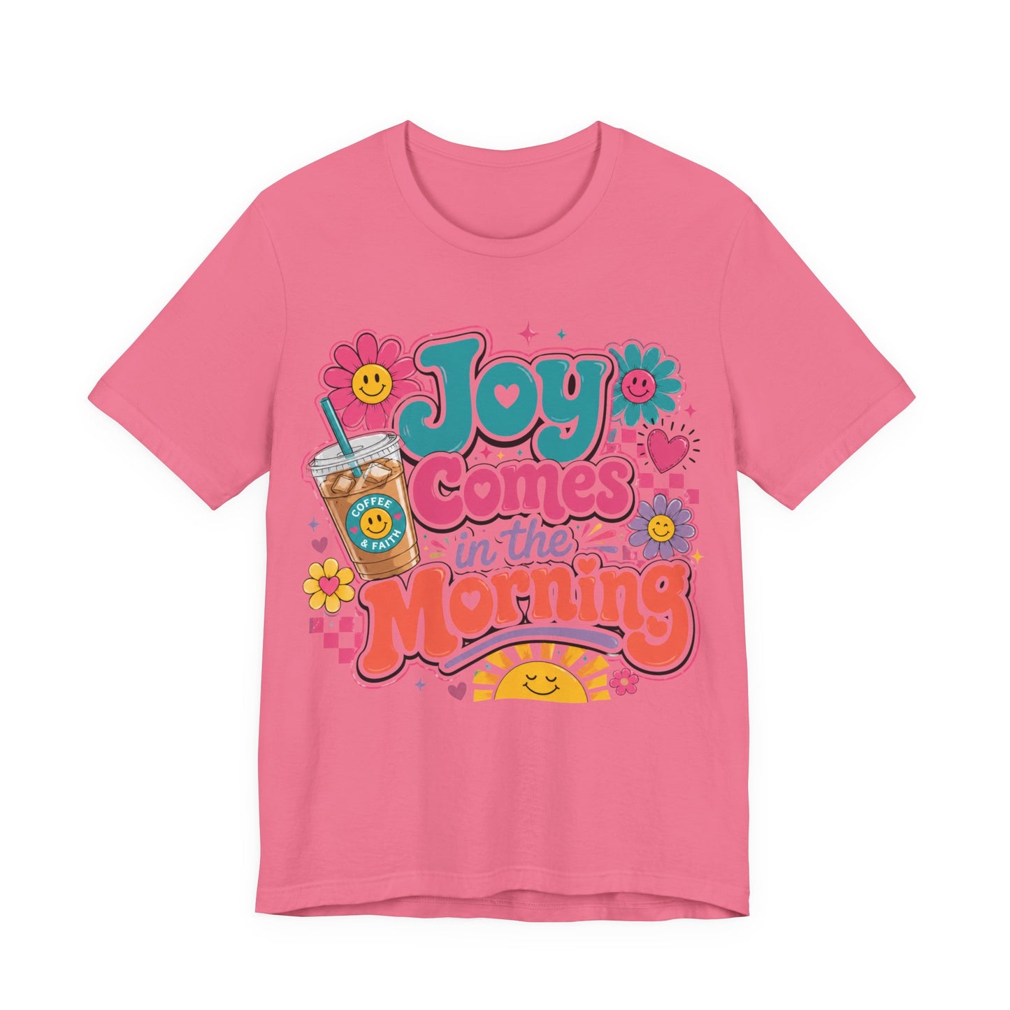 Joy Comes in the Morning Tee — Retro Floral Sunrise Coffee T‑Shirt