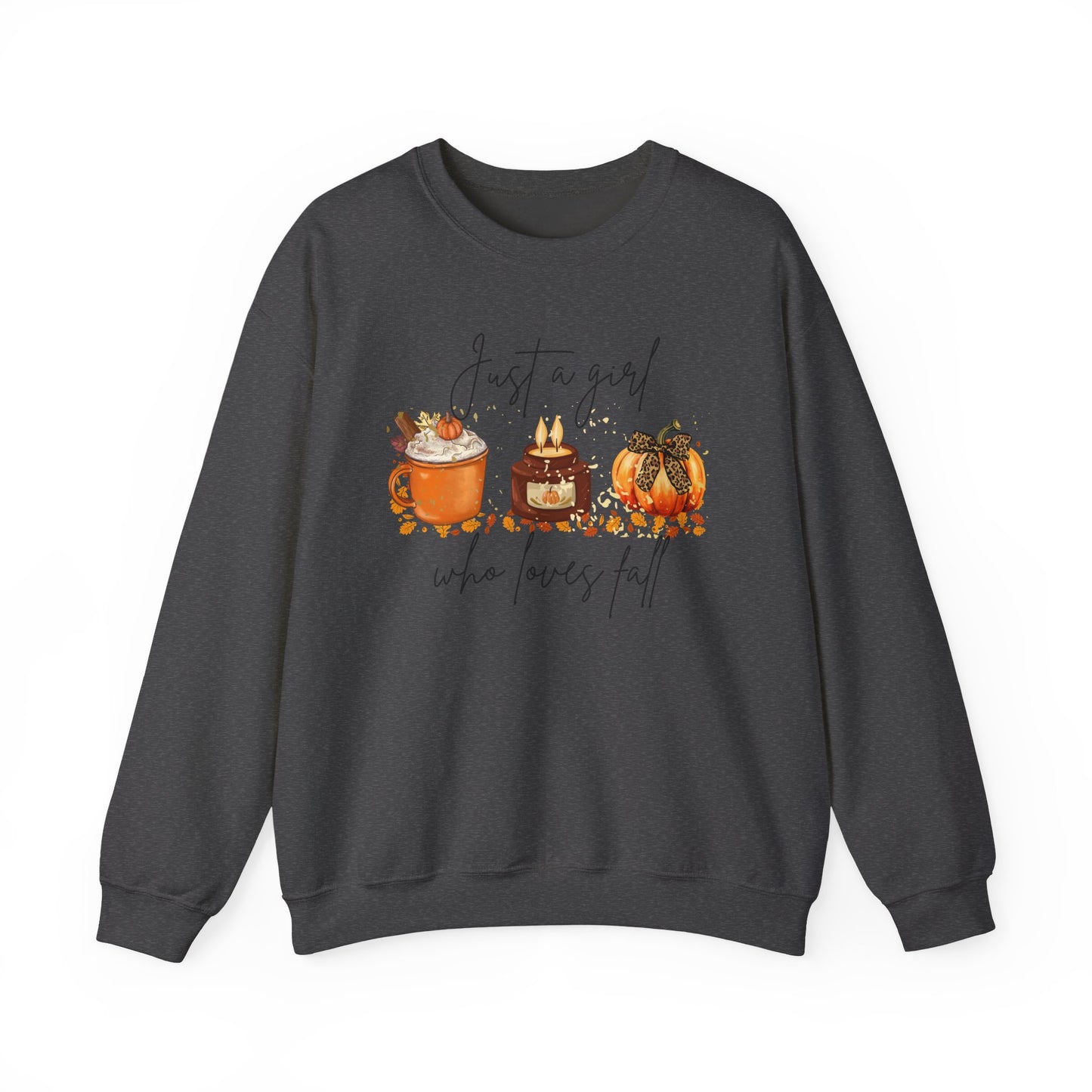 Fall Crewneck Sweatshirt — "Just a Girl Who Loves Fall" Pumpkin & Cozy Drinks Design