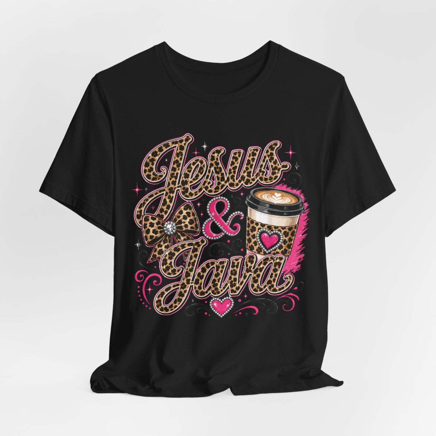 Jesus & Java Leopard Coffee Tee — Faith-Inspired Graphic T-Shirt