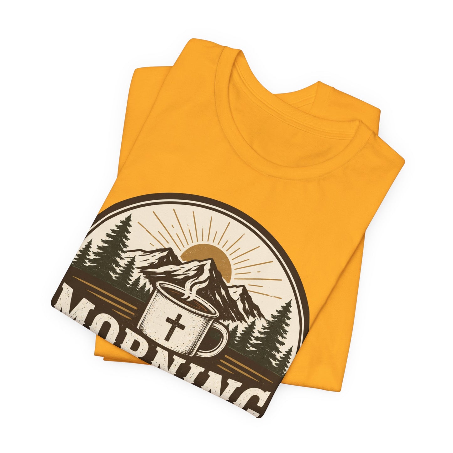 Morning Mercies Coffee Tee — Christian Coffee Shirt with Mountain & Cross Design