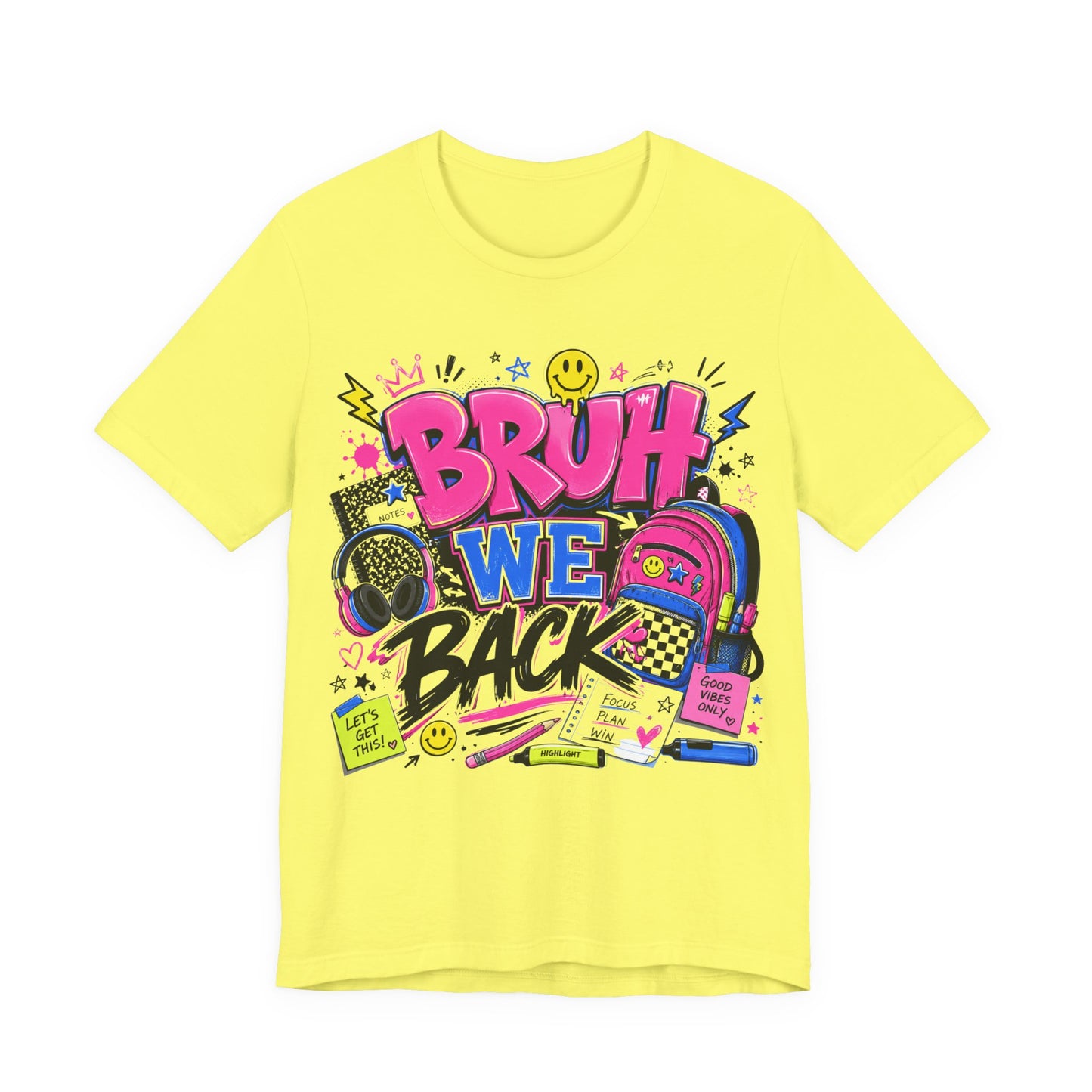 Bruh We Back T-Shirt — Retro School Backpack & Headphones Graphic Tee