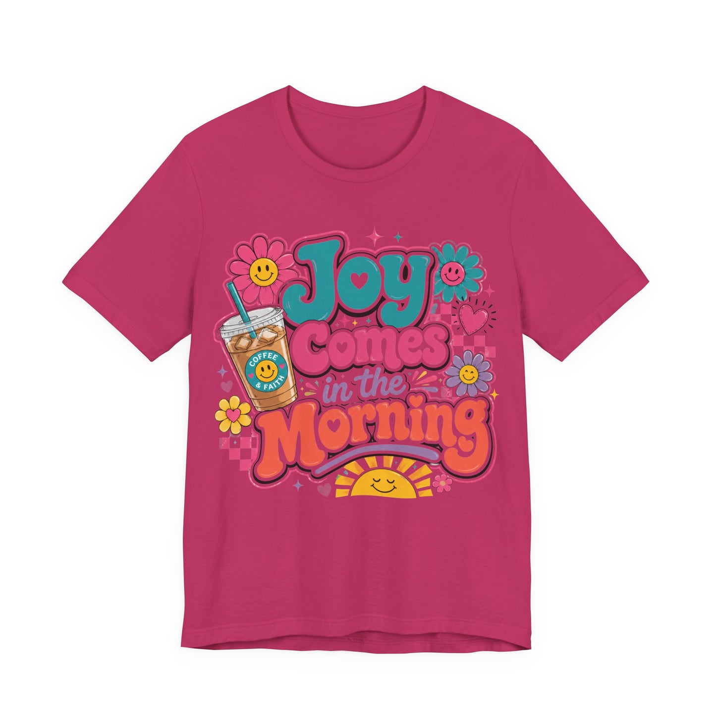 Joy Comes in the Morning Tee — Retro Floral Sunrise Coffee T‑Shirt