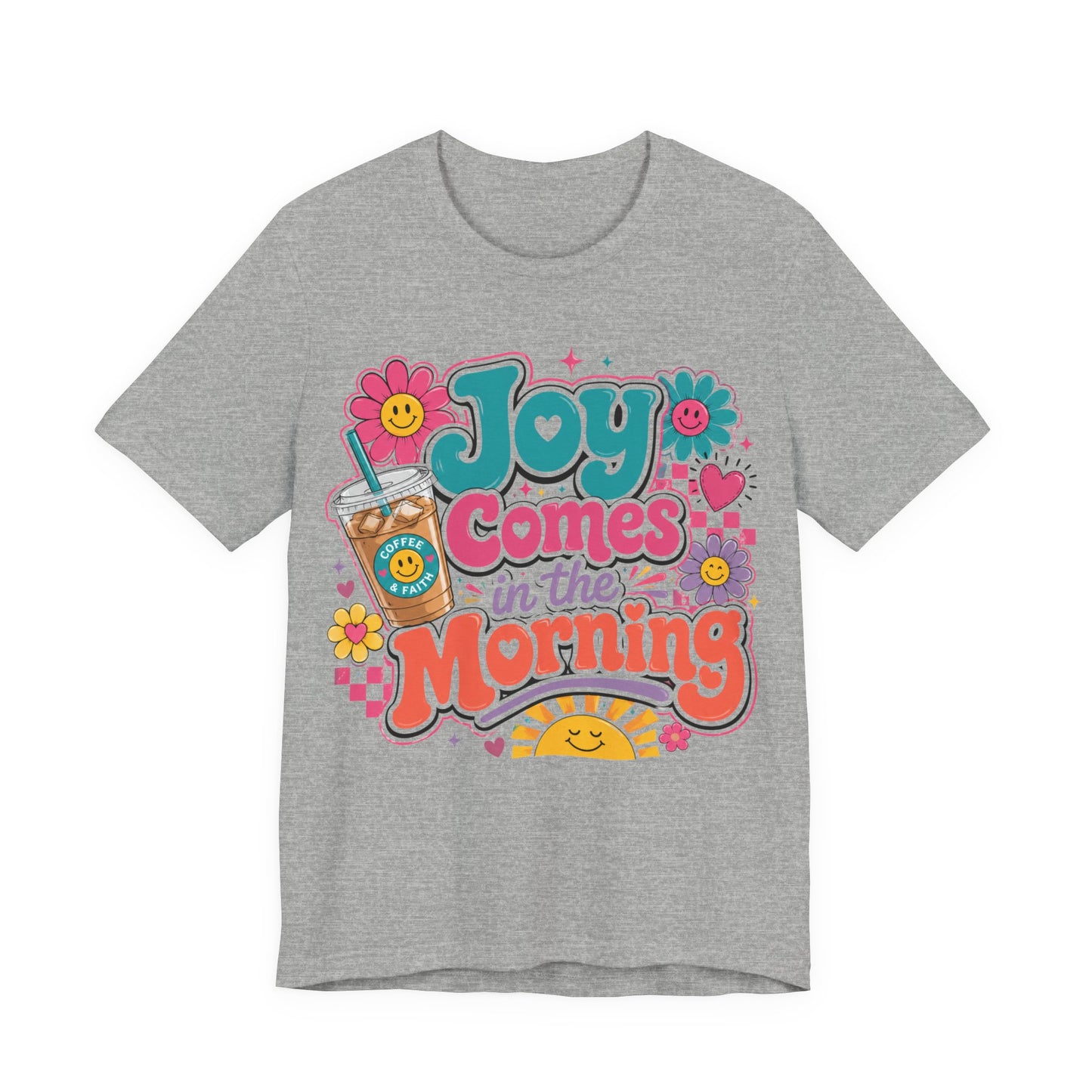 Joy Comes in the Morning Tee — Retro Floral Sunrise Coffee T‑Shirt