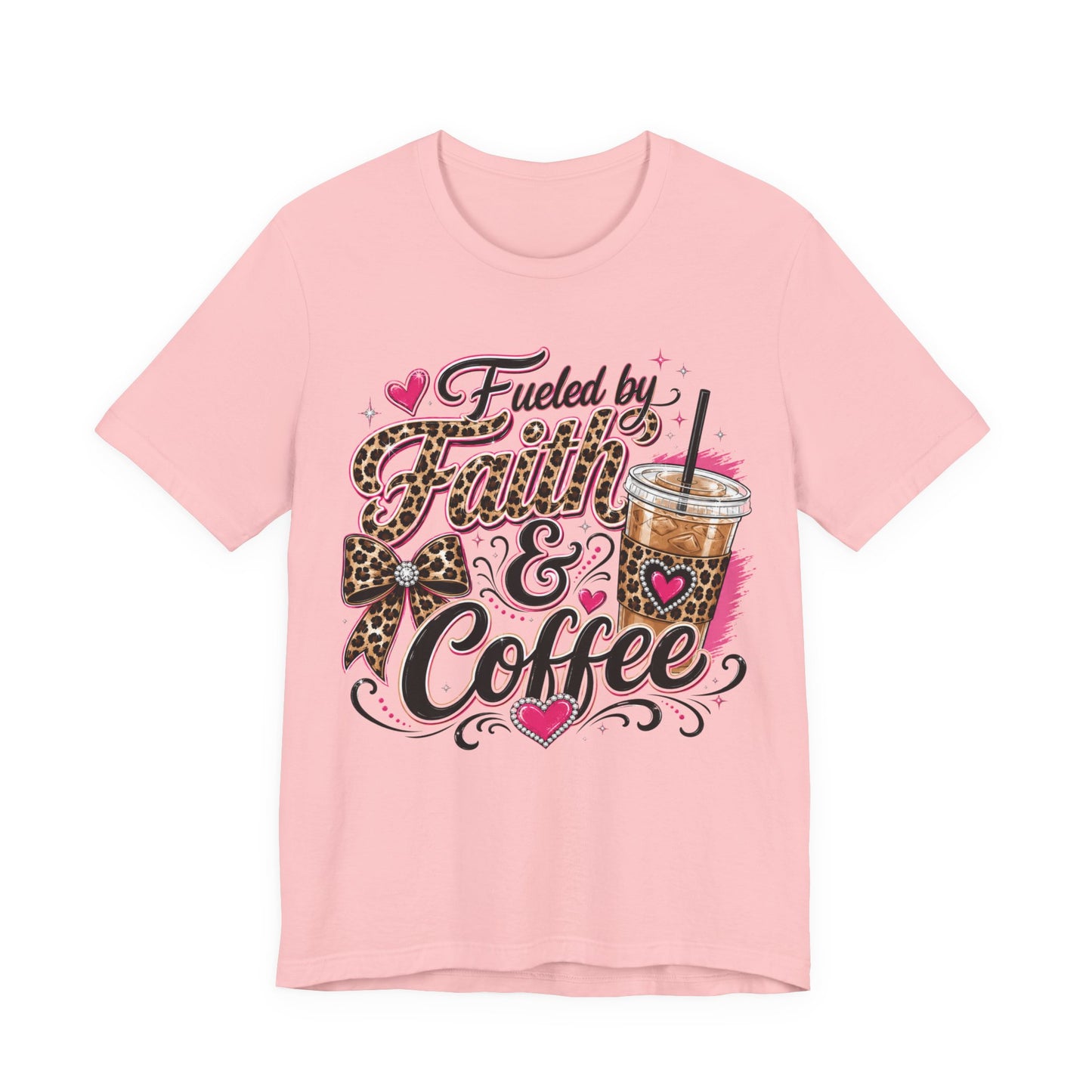 Faith & Coffee Graphic Tee — "Fueled by Faith & Coffee" Leopard Bow Design