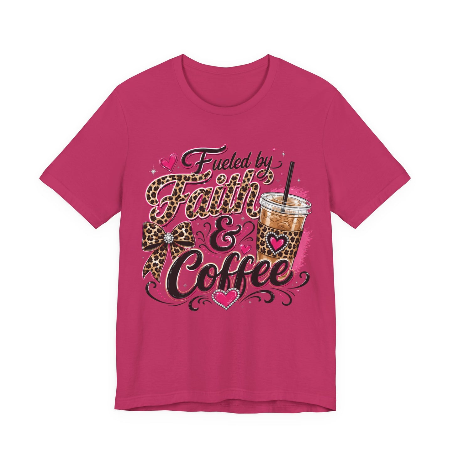 Faith & Coffee Graphic Tee — "Fueled by Faith & Coffee" Leopard Bow Design