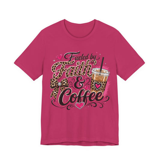 Faith & Coffee Graphic Tee — "Fueled by Faith & Coffee" Leopard Bow Design