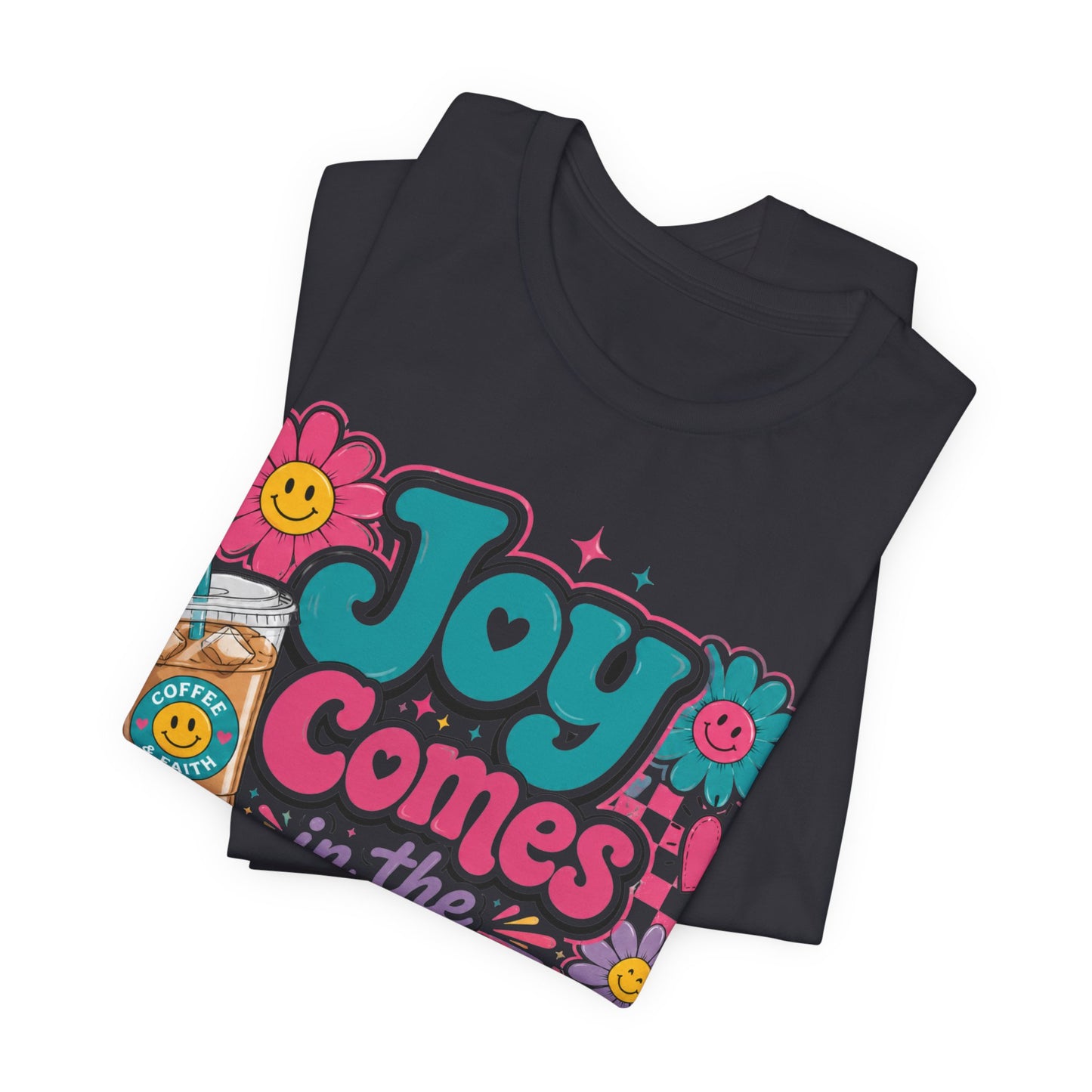 Joy Comes in the Morning Tee — Retro Floral Sunrise Coffee T‑Shirt