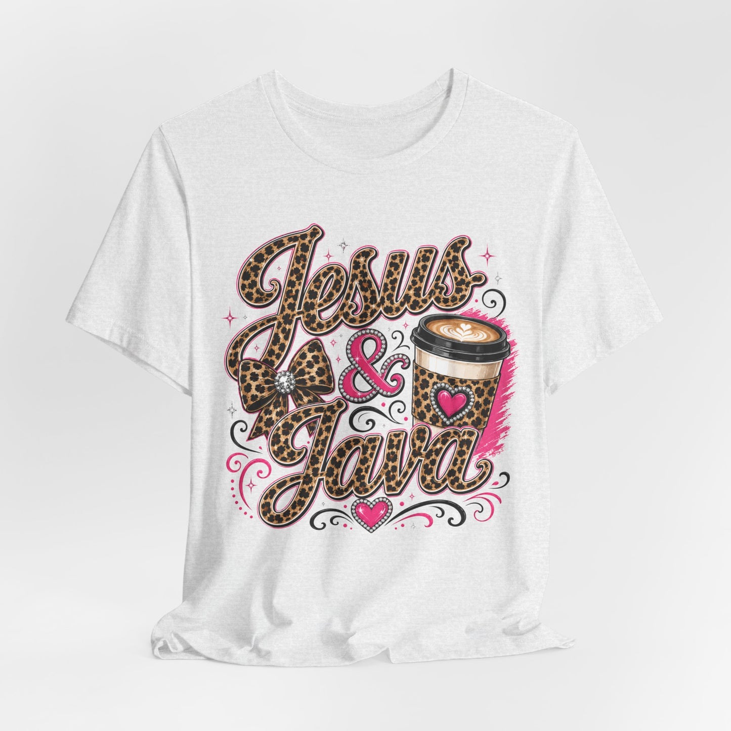 Jesus & Java Leopard Coffee Tee — Faith-Inspired Graphic T-Shirt