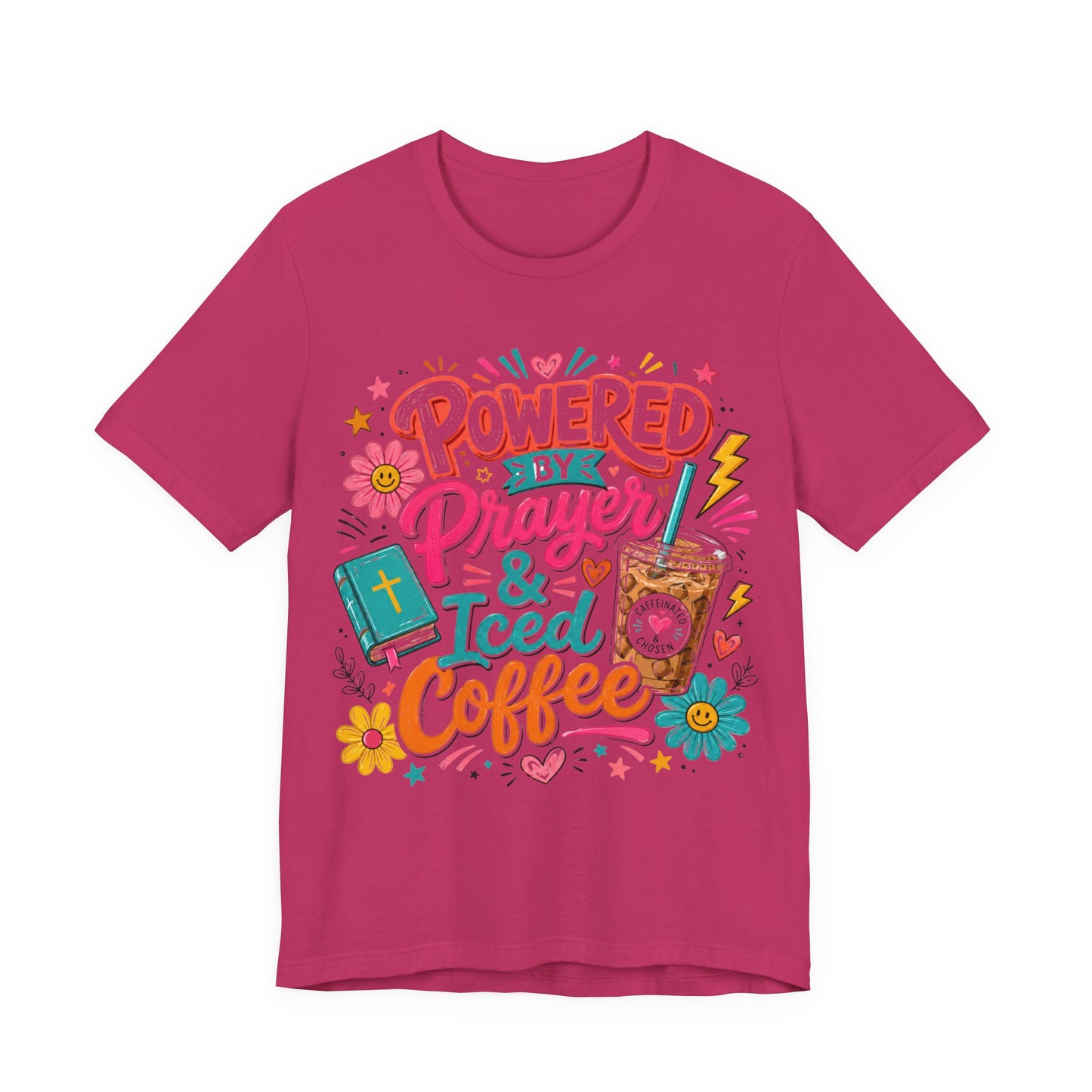 Prayer & Iced Coffee T-Shirt — "Powered by Prayer & Iced Coffee" Christian Tee