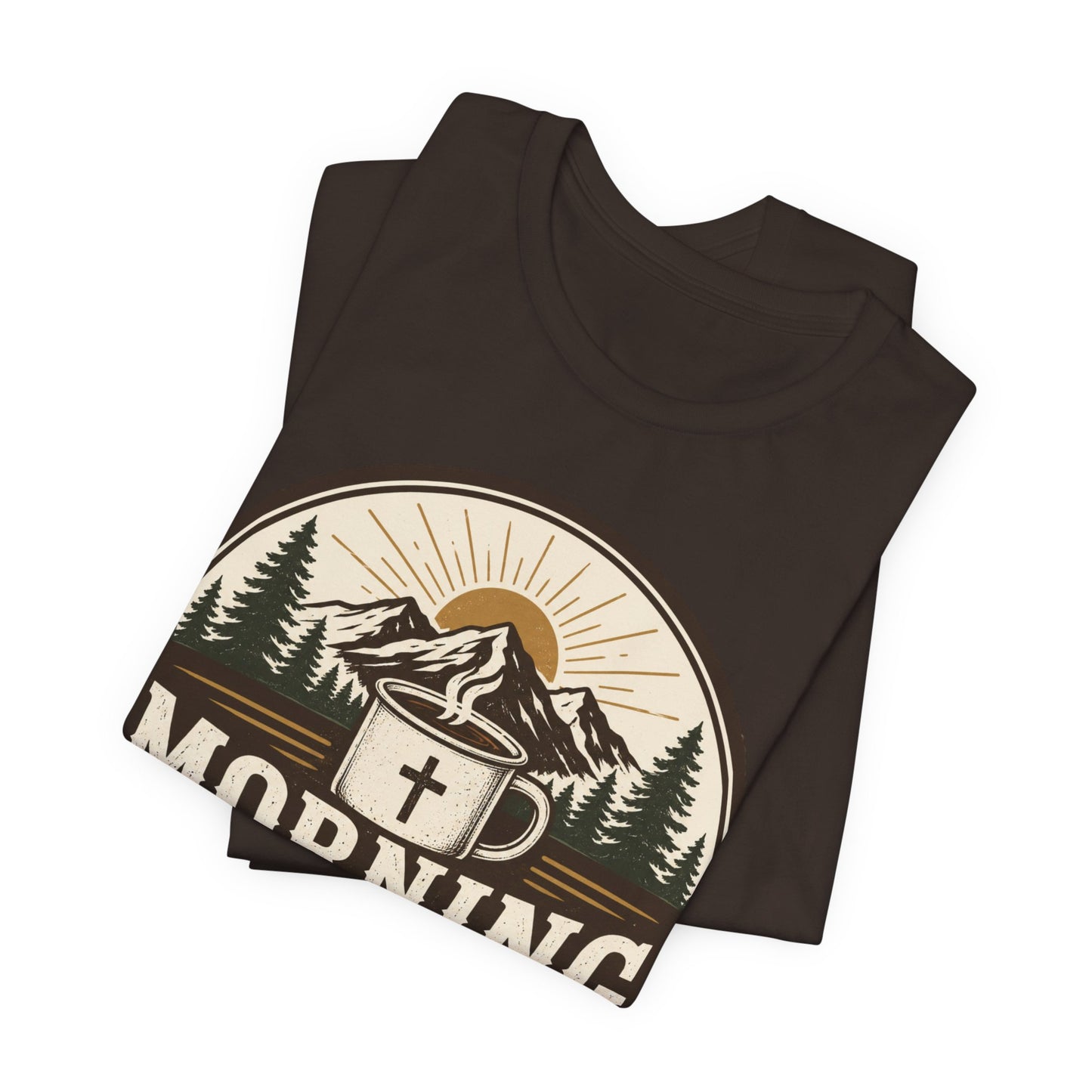 Morning Mercies Coffee Tee — Christian Coffee Shirt with Mountain & Cross Design
