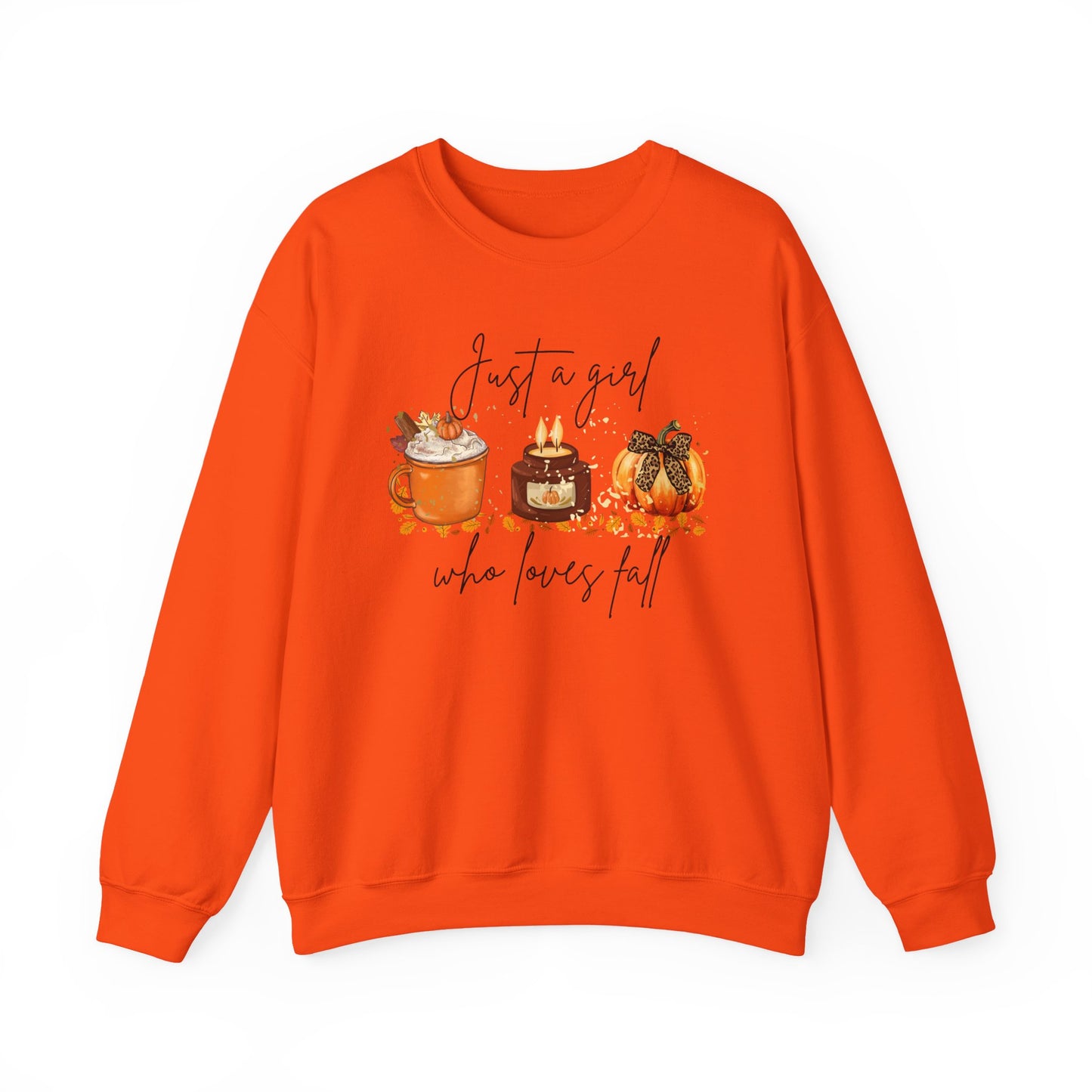 Fall Crewneck Sweatshirt — "Just a Girl Who Loves Fall" Pumpkin & Cozy Drinks Design