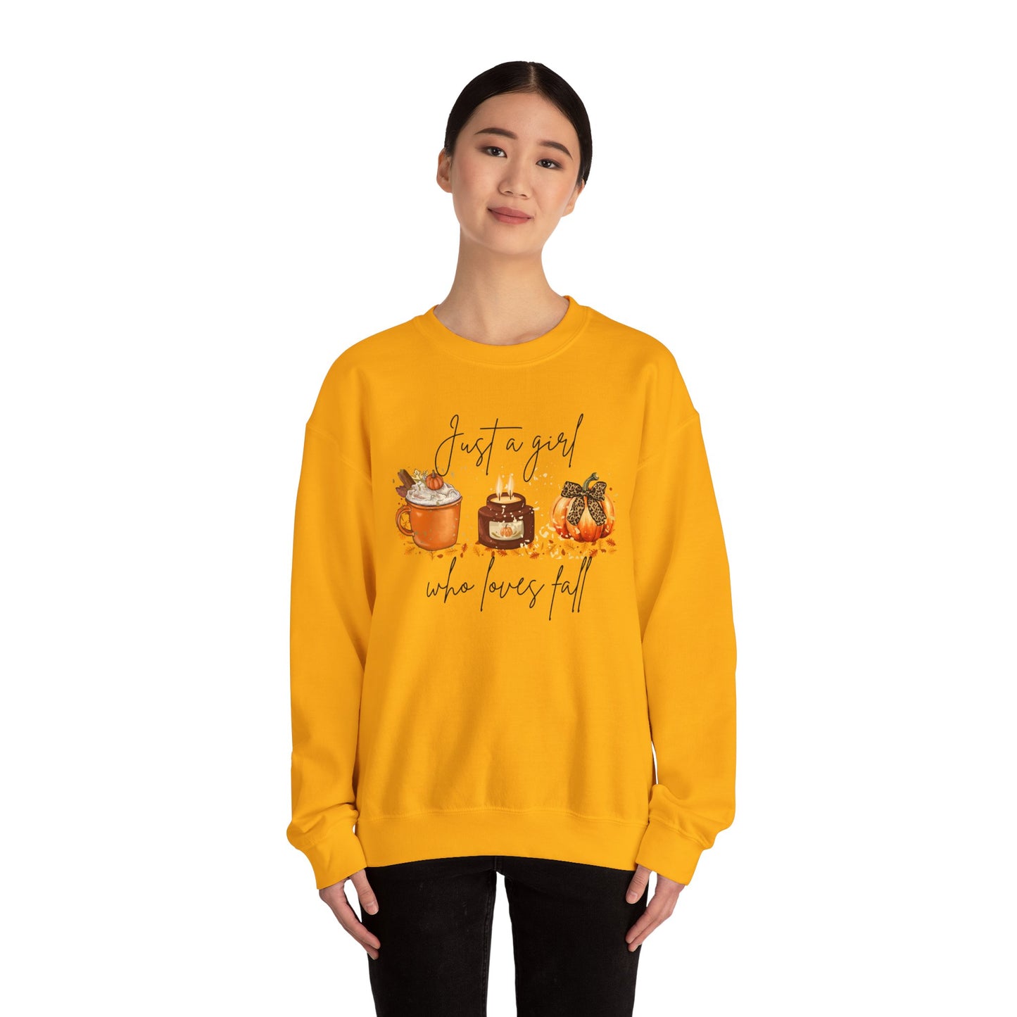 Fall Crewneck Sweatshirt — "Just a Girl Who Loves Fall" Pumpkin & Cozy Drinks Design