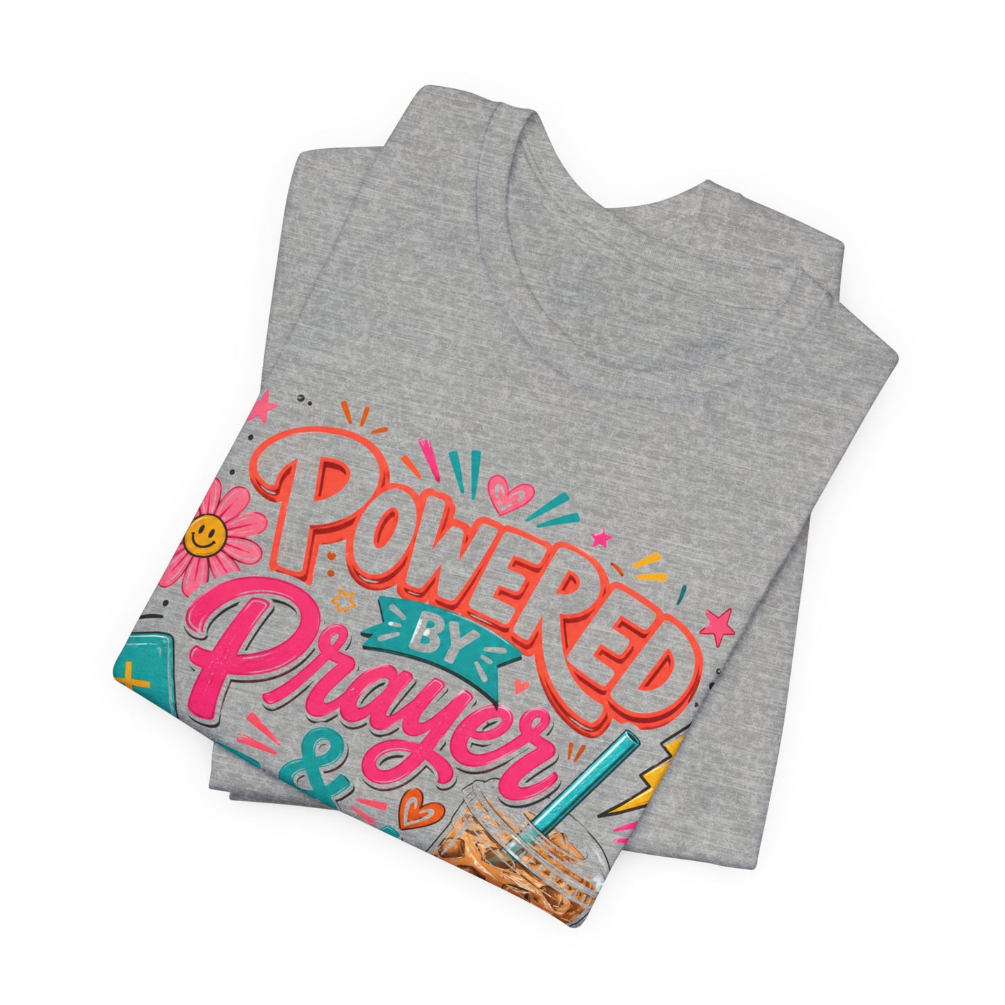 Prayer & Iced Coffee T-Shirt — "Powered by Prayer & Iced Coffee" Christian Tee