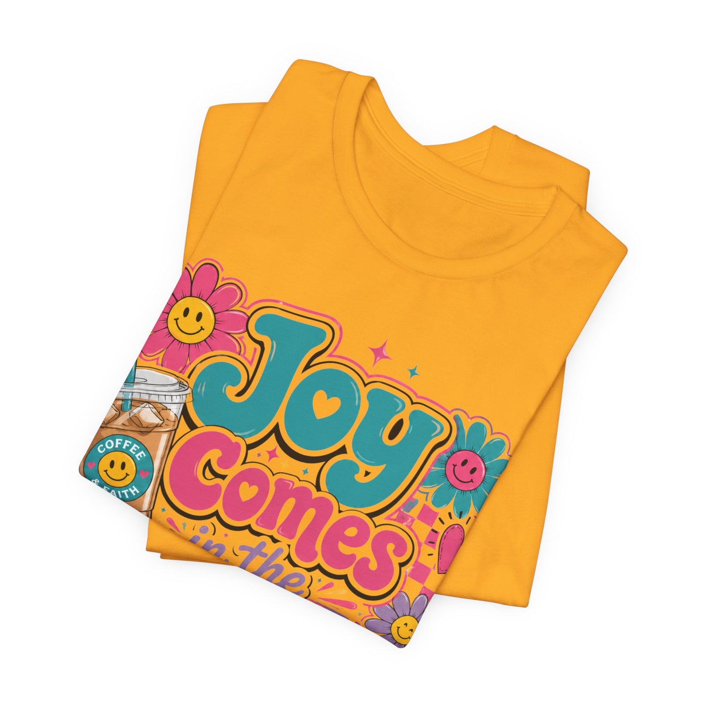 Joy Comes in the Morning Tee — Retro Floral Sunrise Coffee T‑Shirt