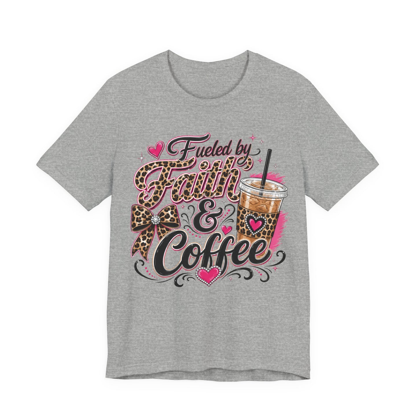 Faith & Coffee Graphic Tee — "Fueled by Faith & Coffee" Leopard Bow Design