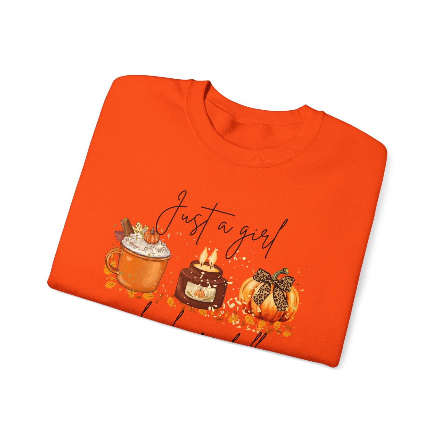 Fall Crewneck Sweatshirt — "Just a Girl Who Loves Fall" Pumpkin & Cozy Drinks Design