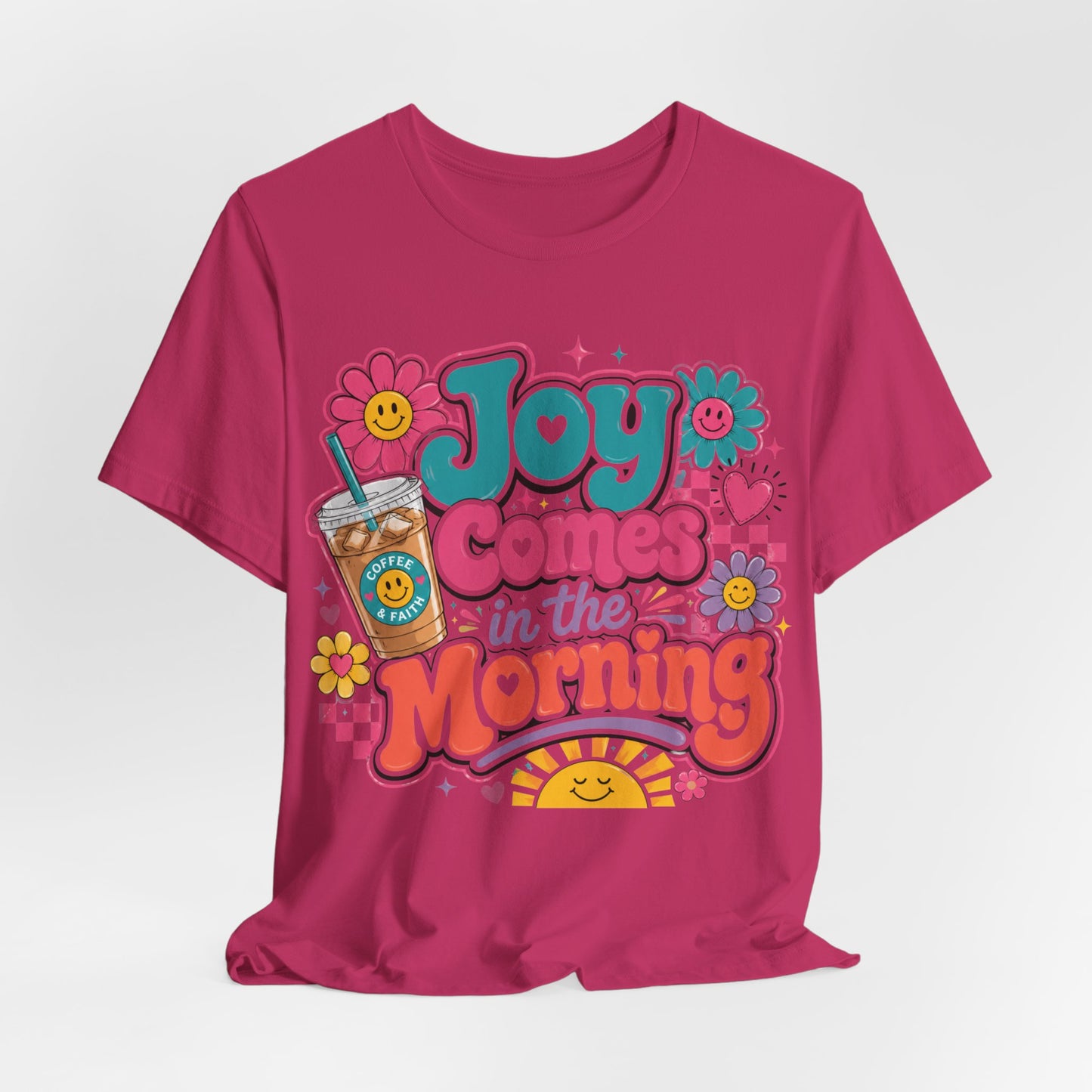 Joy Comes in the Morning Tee — Retro Floral Sunrise Coffee T‑Shirt