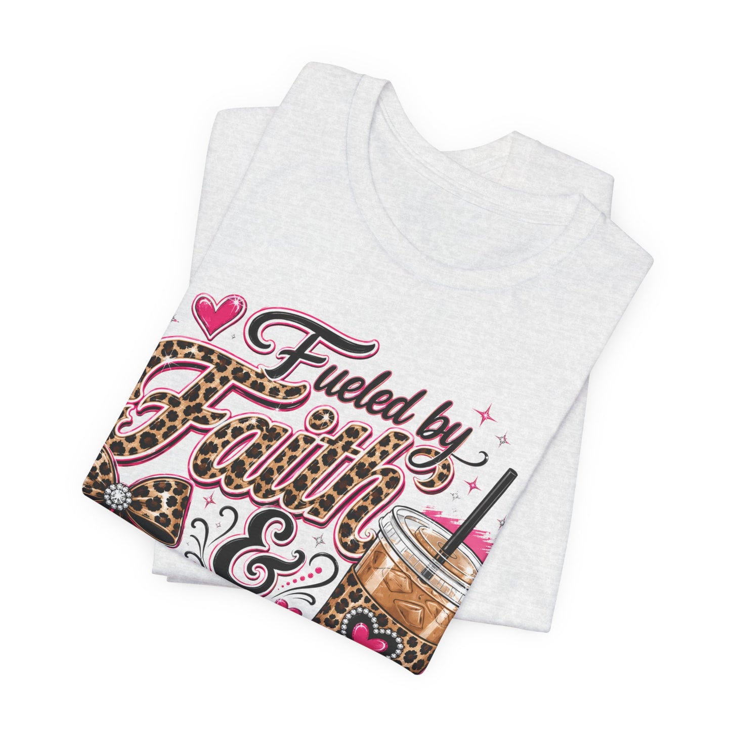 Faith & Coffee Graphic Tee — "Fueled by Faith & Coffee" Leopard Bow Design